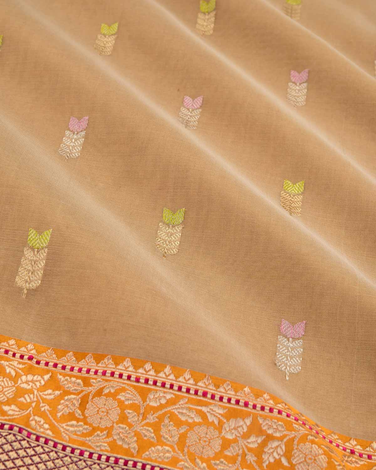 Beige Banarasi Gold & Silver Zari Buti Kadhuan Brocade Handwoven Kora Silk Saree-HolyWeaves