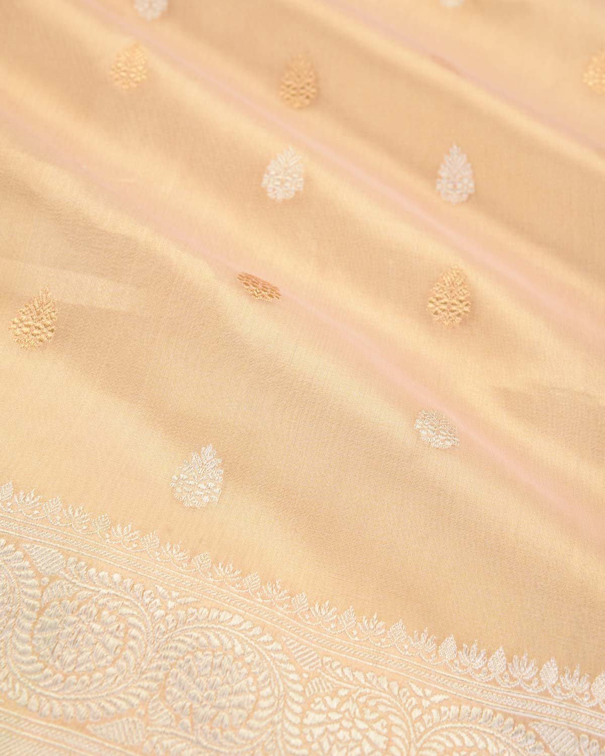 Metallic Rose Gold Banarasi Gold & Silver Zari Buti Kadhuan Brocade Handwoven Kora Tissue Saree-HolyWeaves