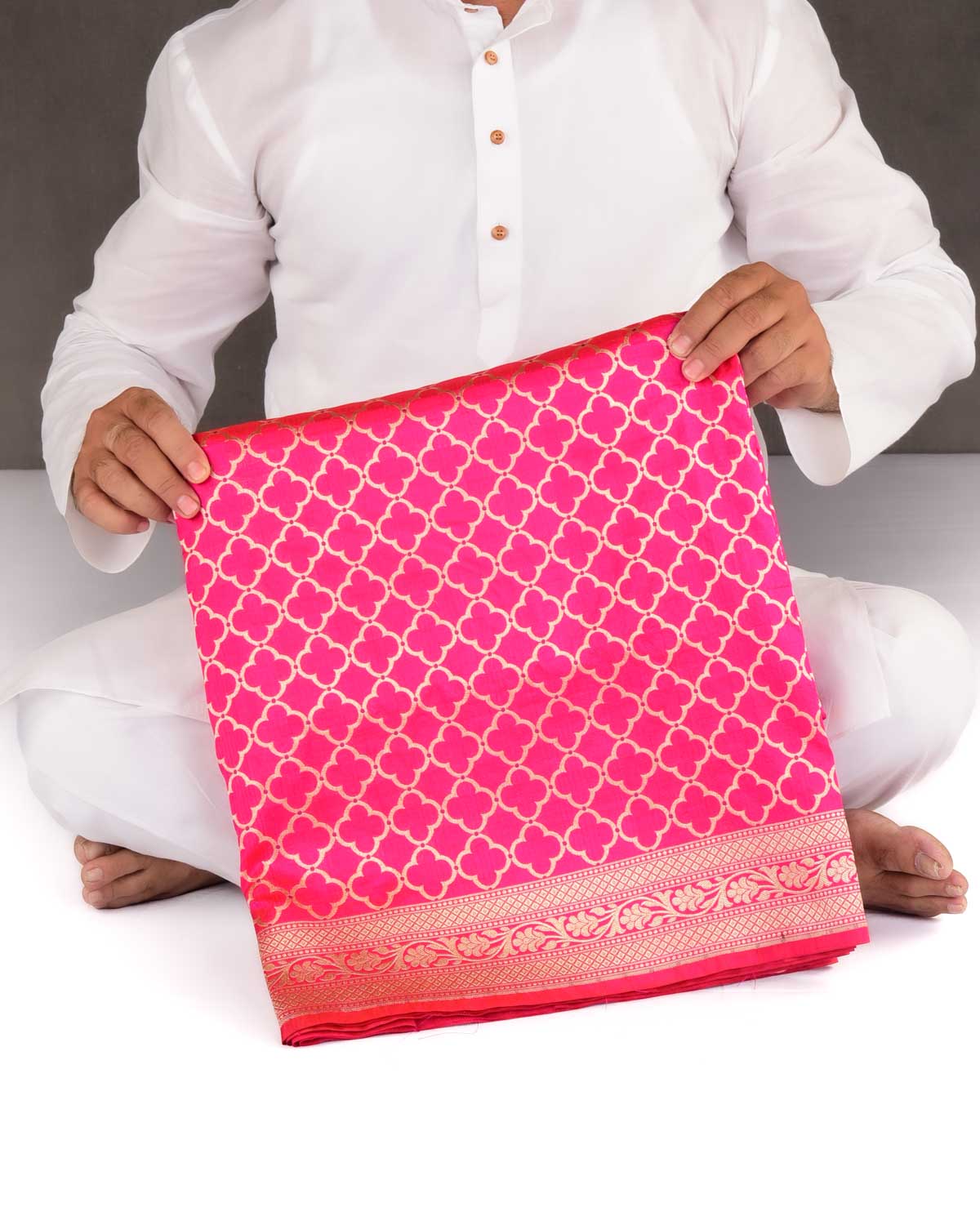 Rani Pink Banarasi Gold Zari Moroccon Grids Cutwork Brocade Handwoven Katan Silk Saree-HolyWeaves