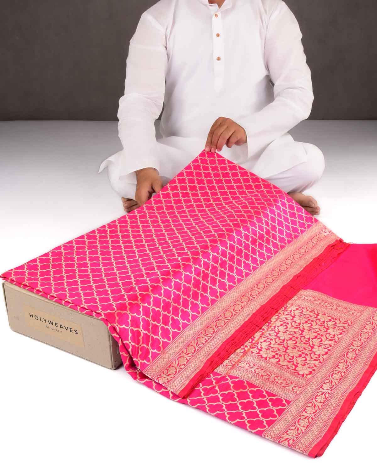 Rani Pink Banarasi Gold Zari Moroccon Grids Cutwork Brocade Handwoven Katan Silk Saree-HolyWeaves