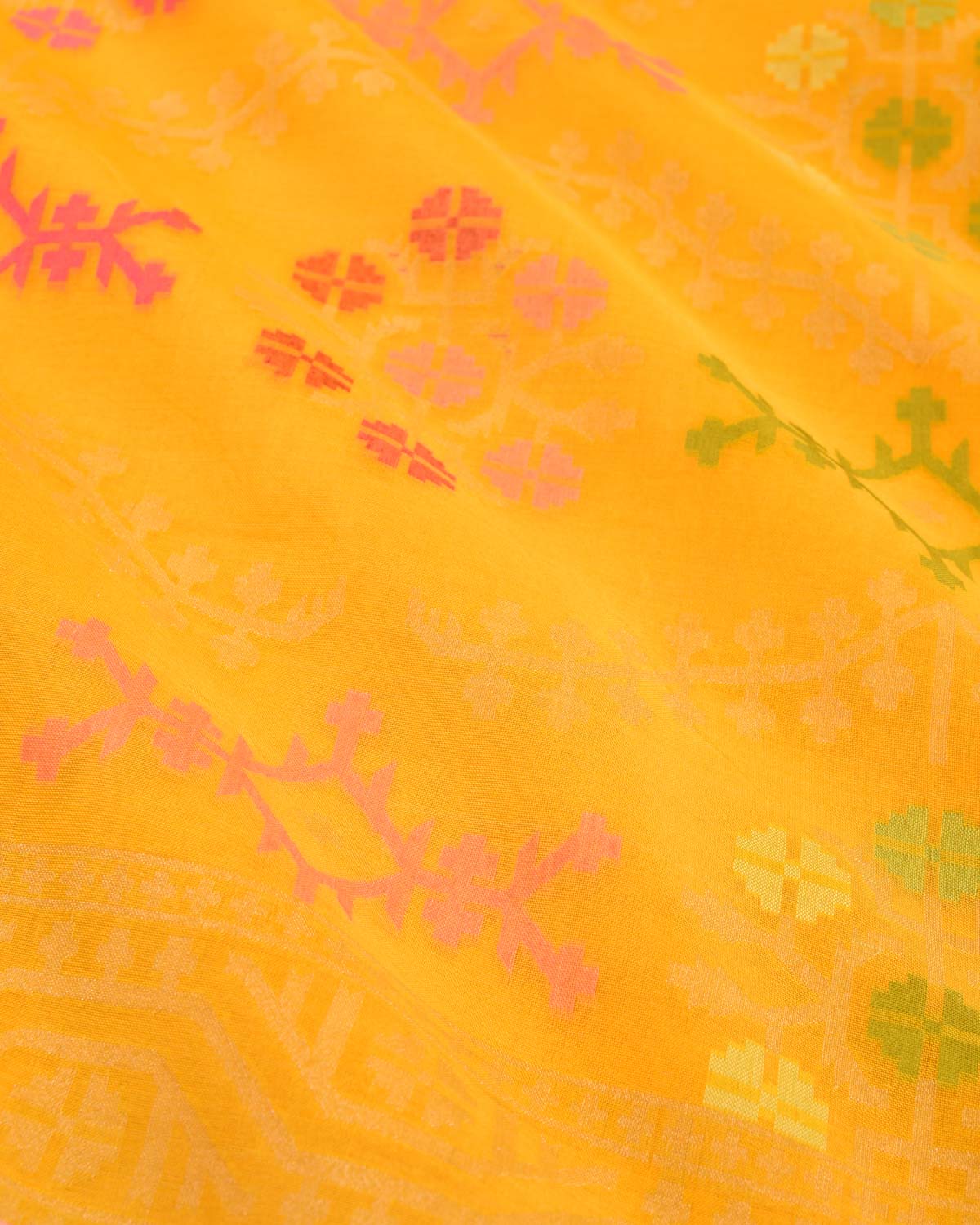 Marigold Yellow Banarasi Ektara Resham And Reshmi Zari Jamdani Cutwork Brocade Handwoven Kora Silk Saree-HolyWeaves