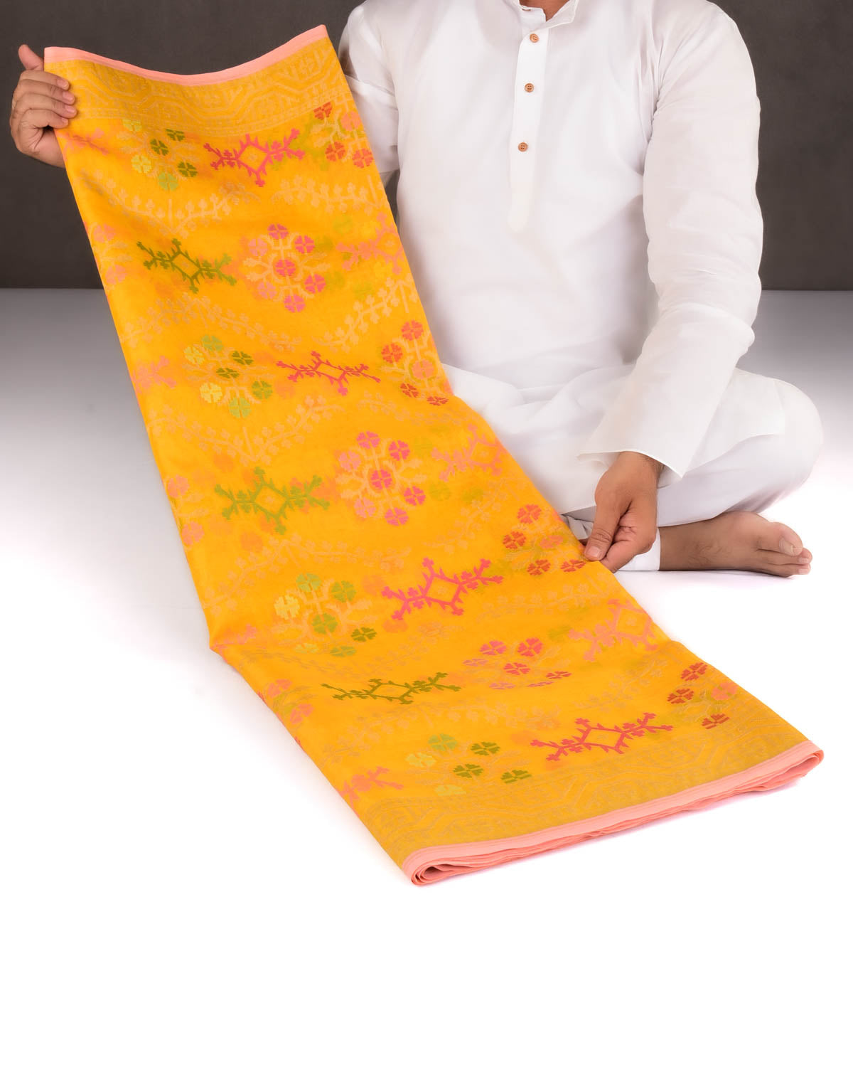 Marigold Yellow Banarasi Ektara Resham And Reshmi Zari Jamdani Cutwork Brocade Handwoven Kora Silk Saree-HolyWeaves