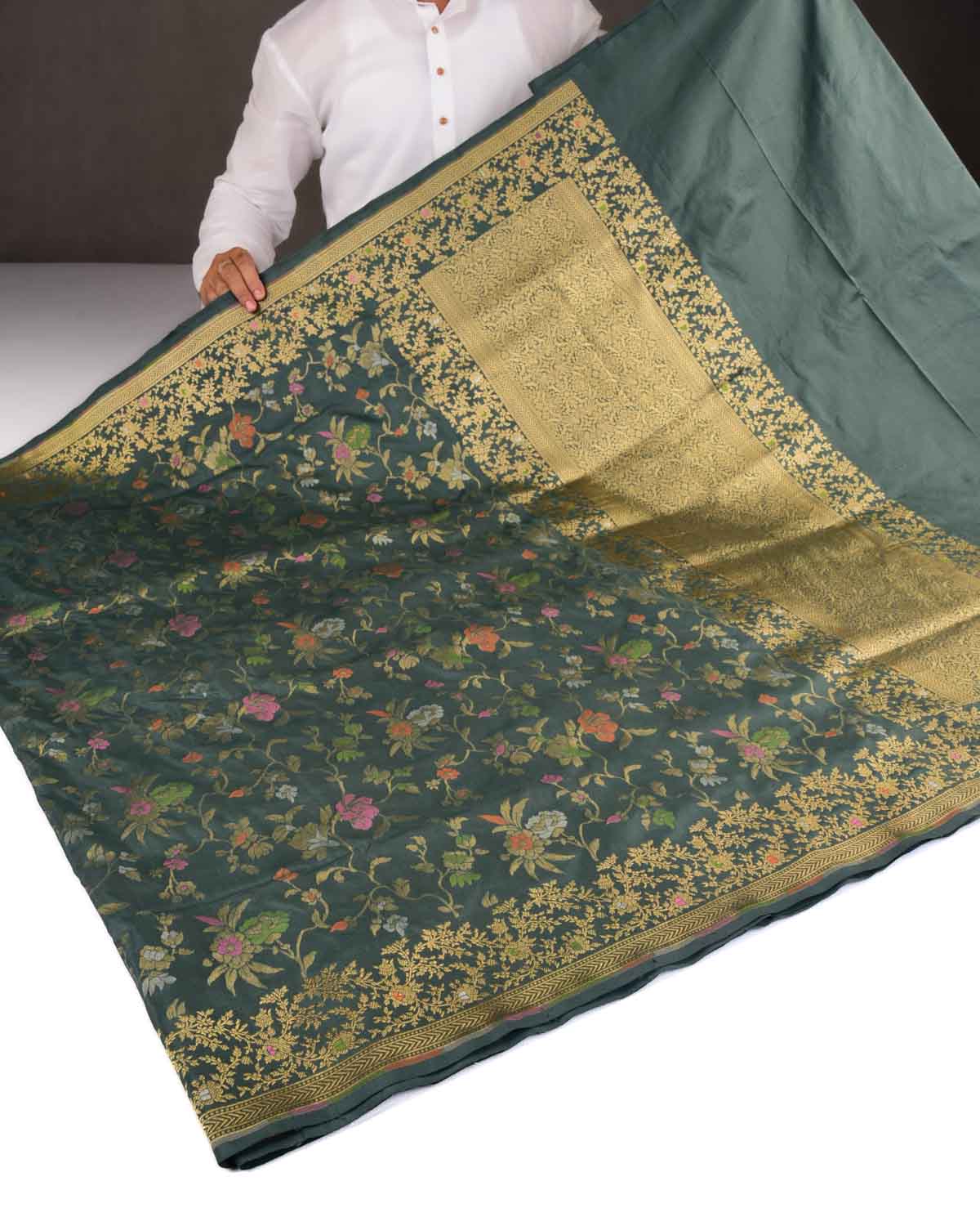 Forest Gray Banarasi Gold Zari & Resham Paudi Jaal Cutwork Brocade Handwoven Katan Silk Saree-HolyWeaves