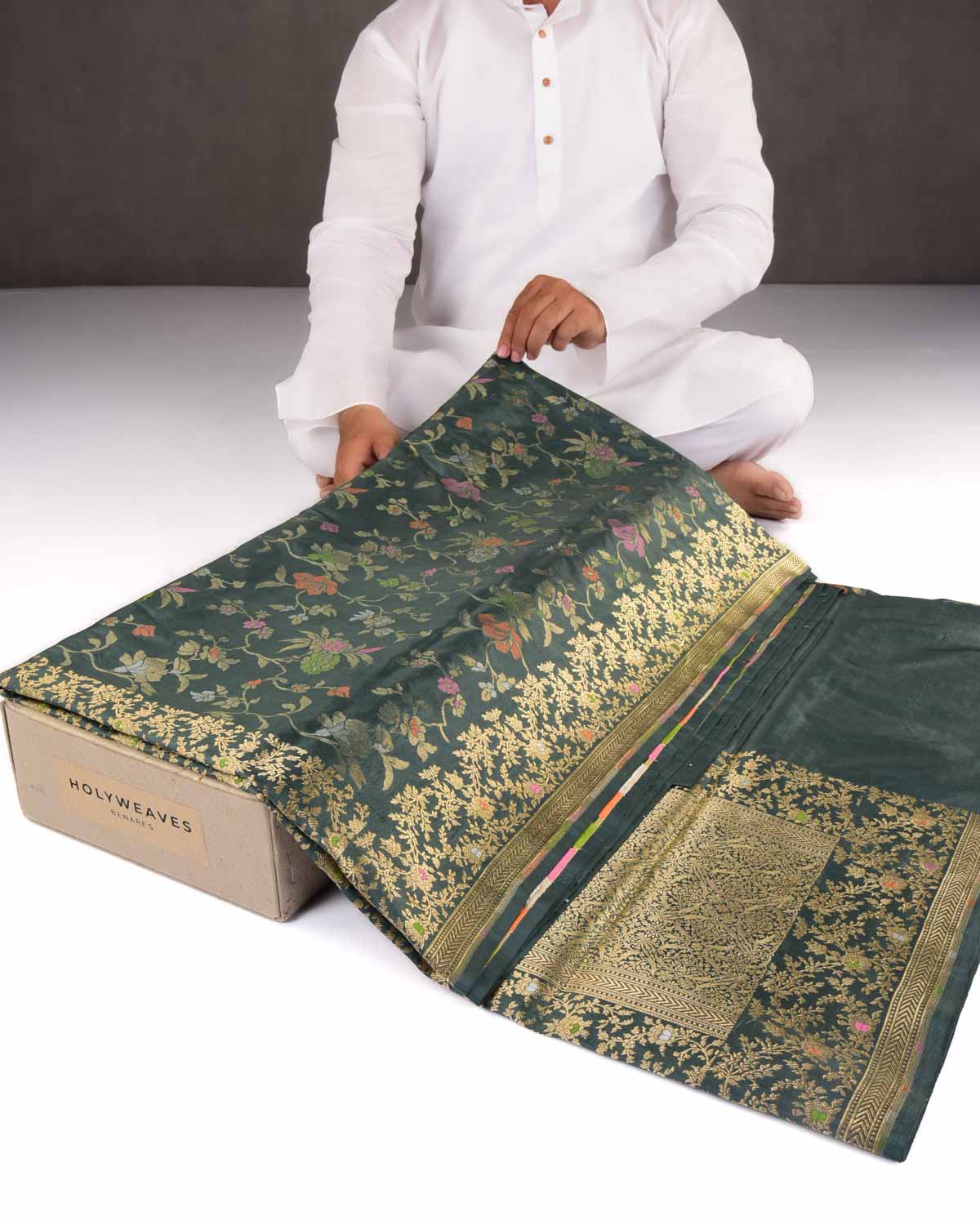 Forest Gray Banarasi Gold Zari & Resham Paudi Jaal Cutwork Brocade Handwoven Katan Silk Saree-HolyWeaves