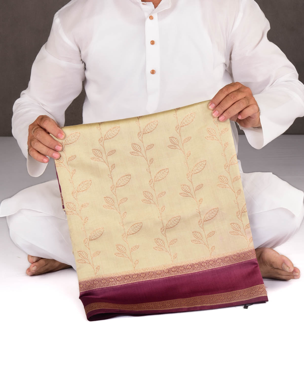 Beige Banarasi Gold Zari Leaf Jaal Cutwork Brocade Woven Spun Silk Saree with Contrast Maroon Border Pallu-HolyWeaves