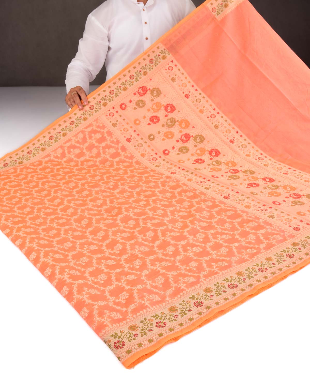 Peach Banarasi Resham Jaal Cutwork Brocade Woven Cotton Silk Saree with Meenekari Border Pallu-HolyWeaves