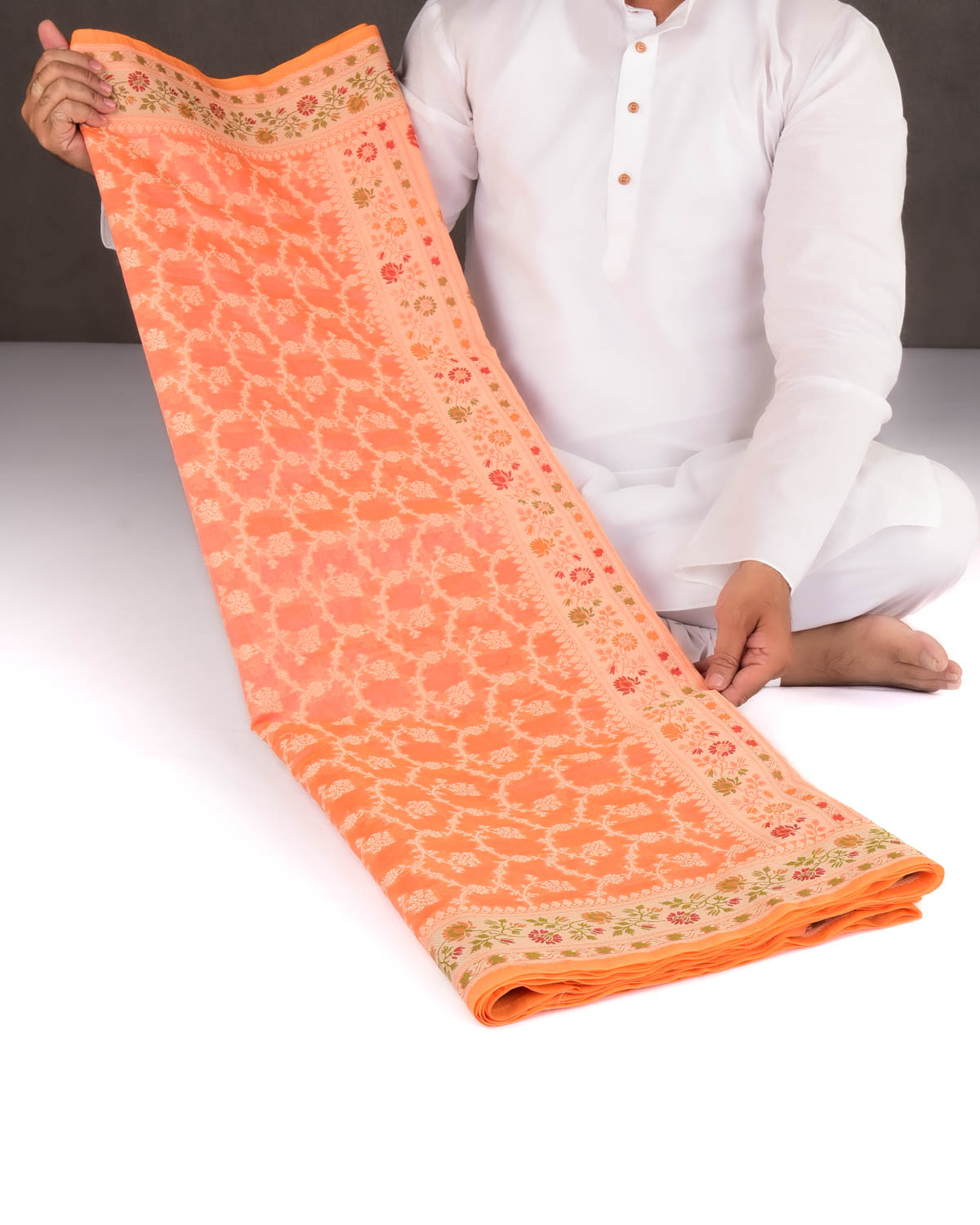 Peach Banarasi Resham Jaal Cutwork Brocade Woven Cotton Silk Saree with Meenekari Border Pallu-HolyWeaves