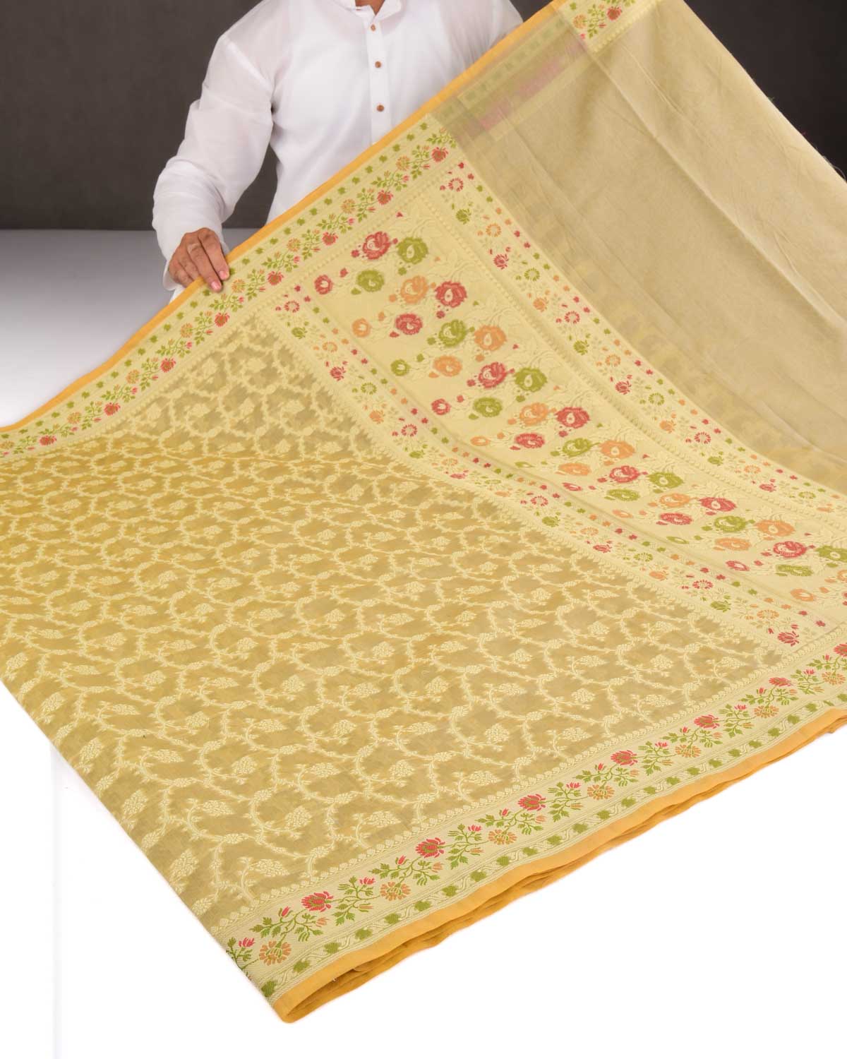 Gray Green Banarasi Resham Jaal Cutwork Brocade Woven Cotton Silk Saree with Meenekari Border Pallu-HolyWeaves
