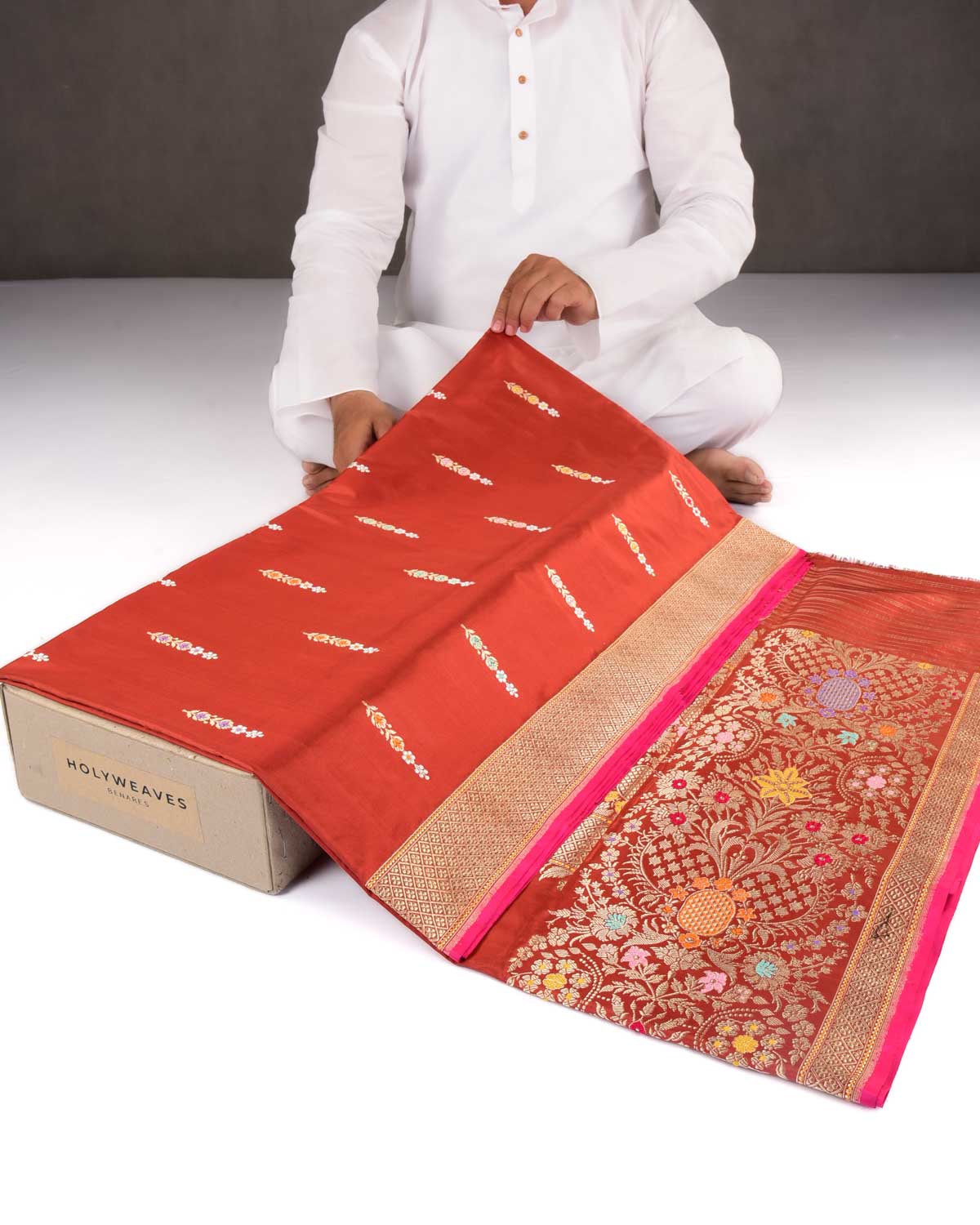 Rust Banarasi Gold Zari & Meenekari Kadhuan Brocade Handwoven Katan Silk Saree-HolyWeaves