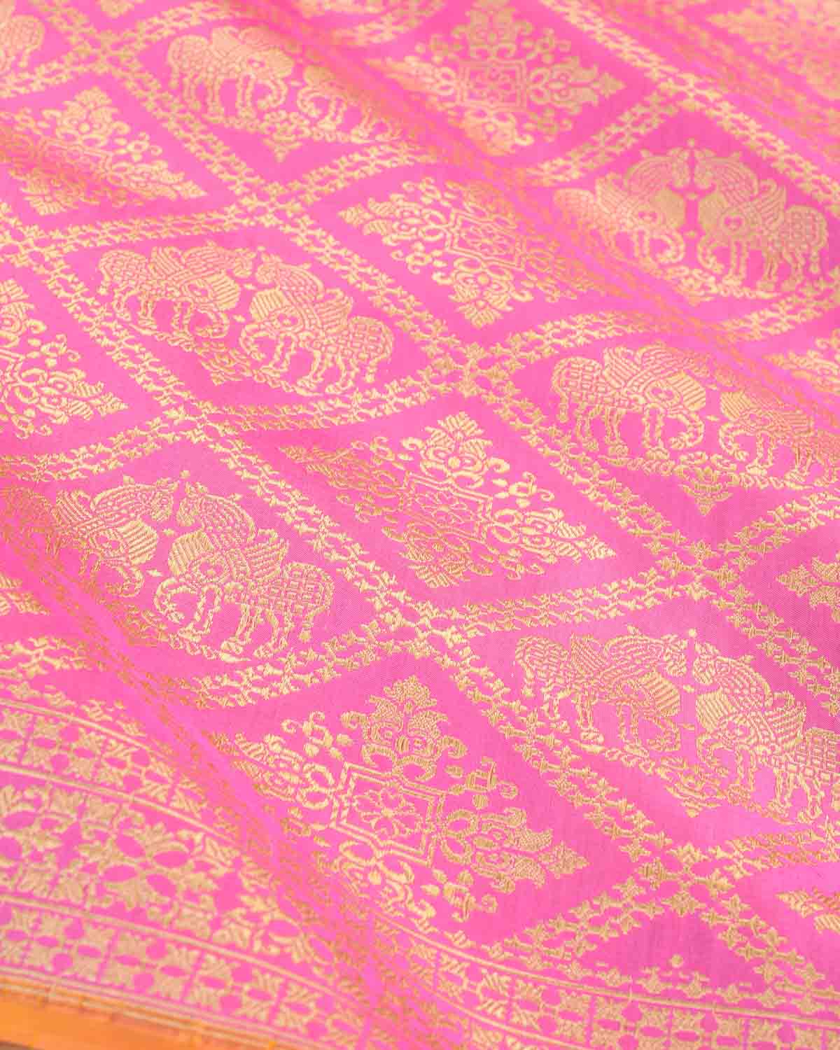 Pink Banarasi Gold Zari Horses Buta Brocade Handwoven Katan Silk Saree-HolyWeaves