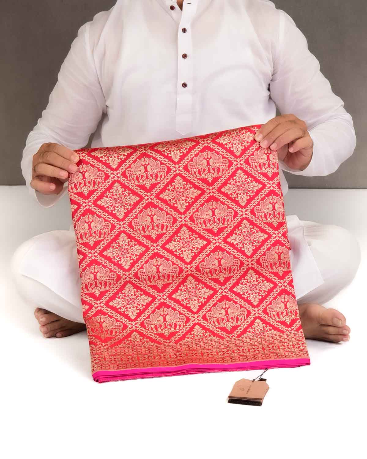 Bridal Red Gold Zari Horses Buta Grids Brocade Handwoven Katan Silk Banarasi Saree with Pink Selvage-HolyWeaves