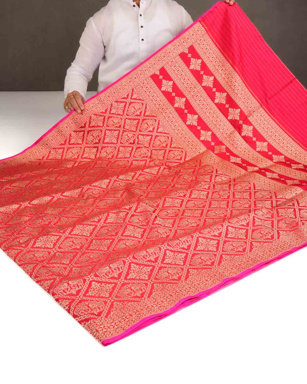 Bridal Red Gold Zari Horses Buta Grids Brocade Handwoven Katan Silk Banarasi Saree with Pink Selvage-HolyWeaves