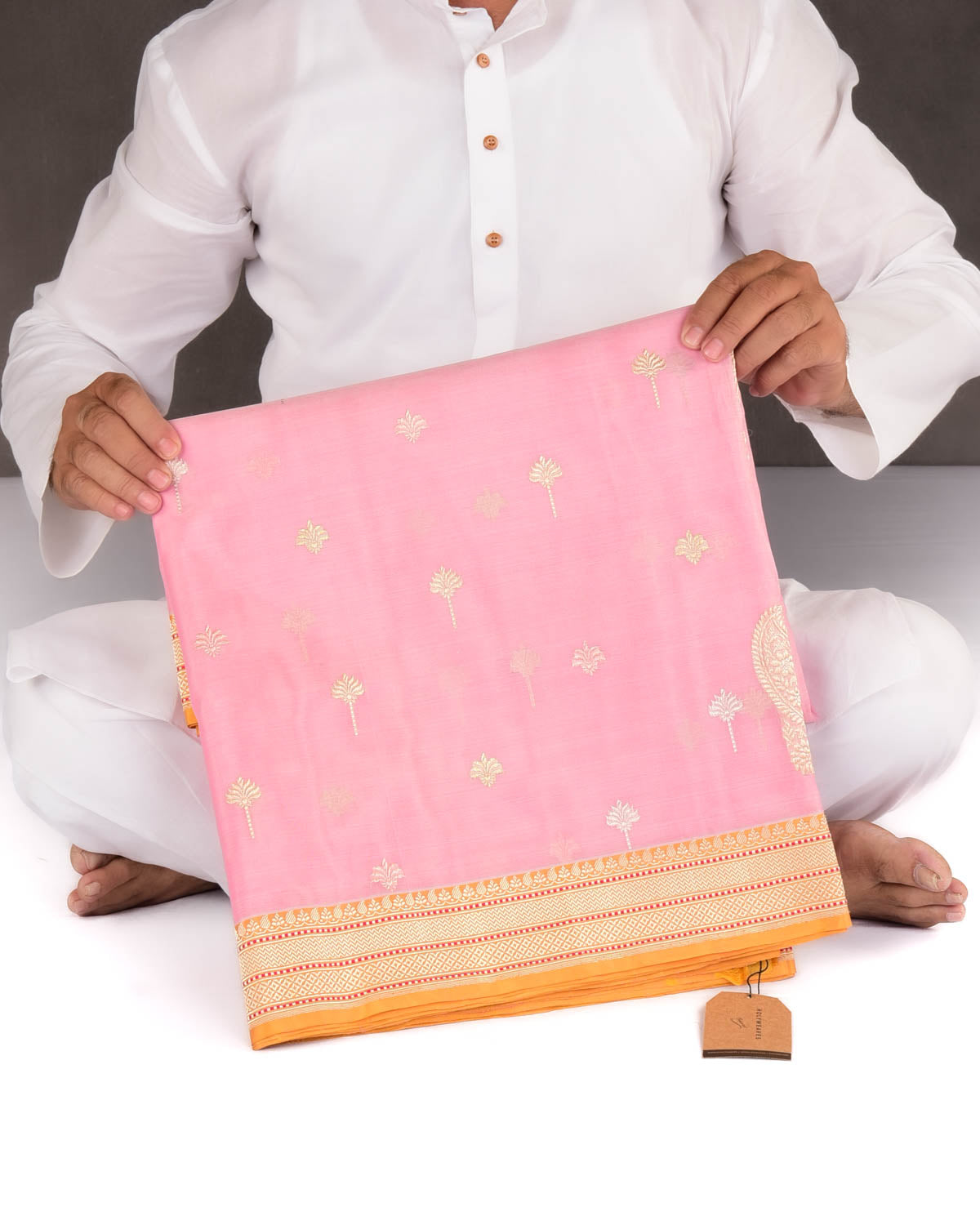 Pink Banarasi Gold & Silver Zari Buti Kadhuan Brocade Handwoven Kora Silk Saree with Koniya Buta-HolyWeaves