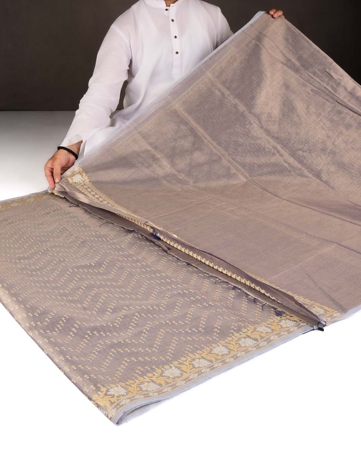 Metallic Blue-Gray Gold Zari And White Resham Chevron Buti Cutwork Brocade Woven Art Cotton Tissue Banarasi Saree-HolyWeaves
