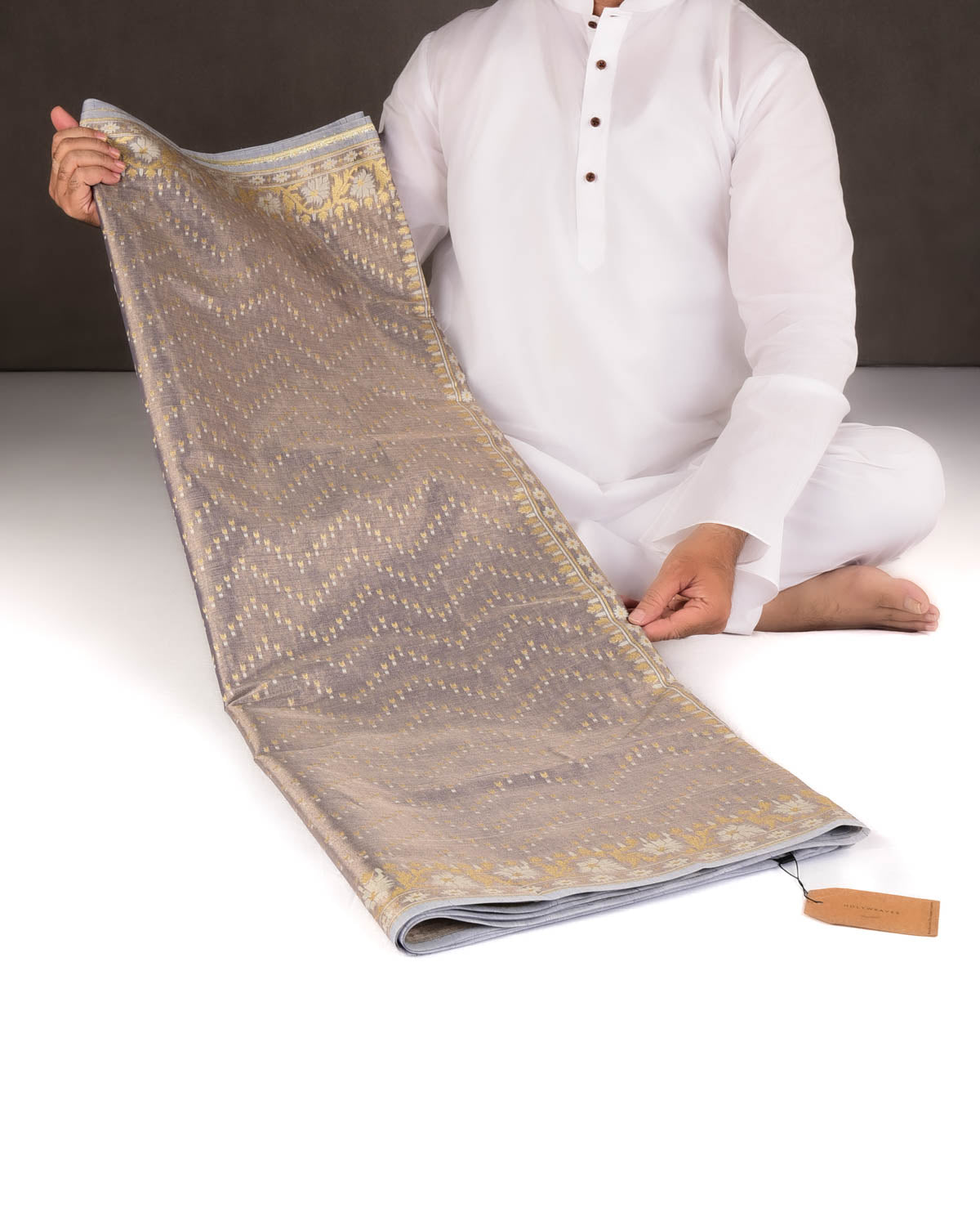 Metallic Blue-Gray Gold Zari And White Resham Chevron Buti Cutwork Brocade Woven Art Cotton Tissue Banarasi Saree-HolyWeaves