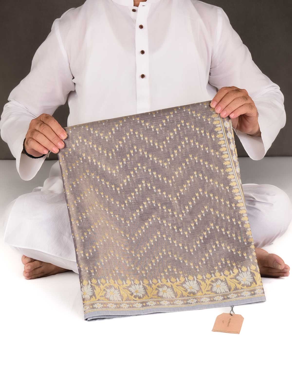 Metallic Blue-Gray Gold Zari And White Resham Chevron Buti Cutwork Brocade Woven Art Cotton Tissue Banarasi Saree-HolyWeaves