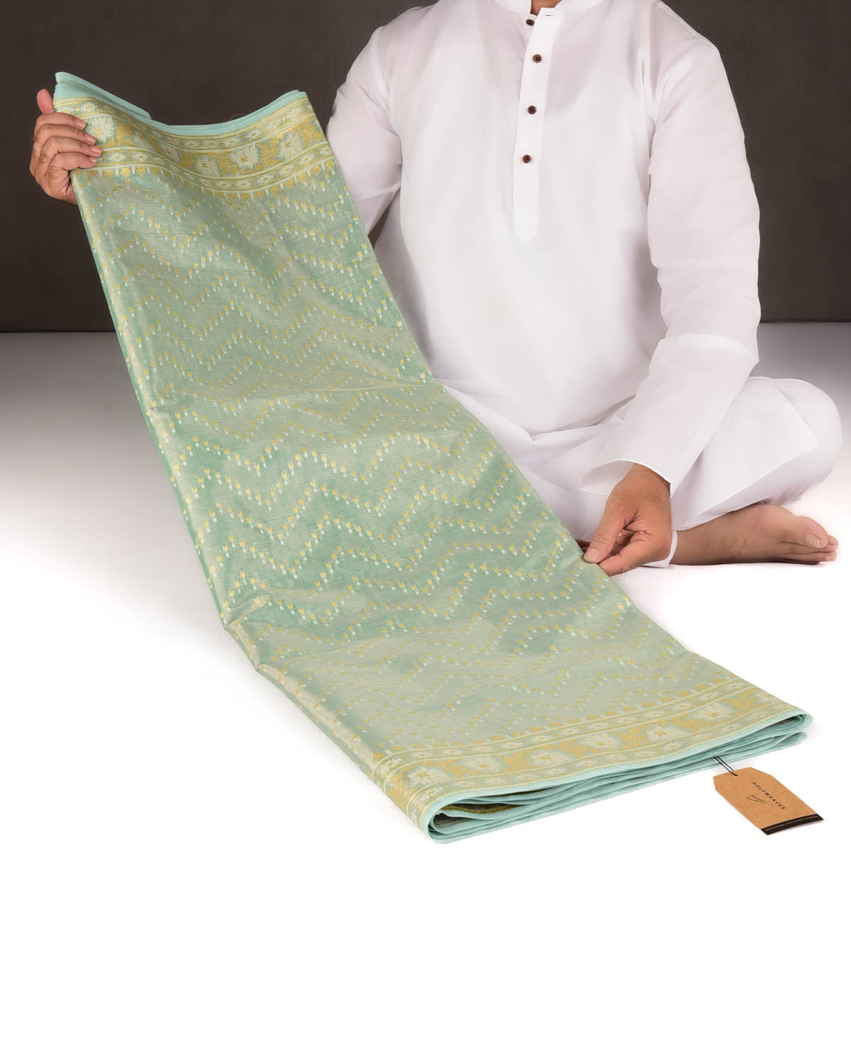 Metallic Green Gold Zari And White Resham Chevron Buti Cutwork Brocade Woven Art Cotton Tissue Banarasi Saree