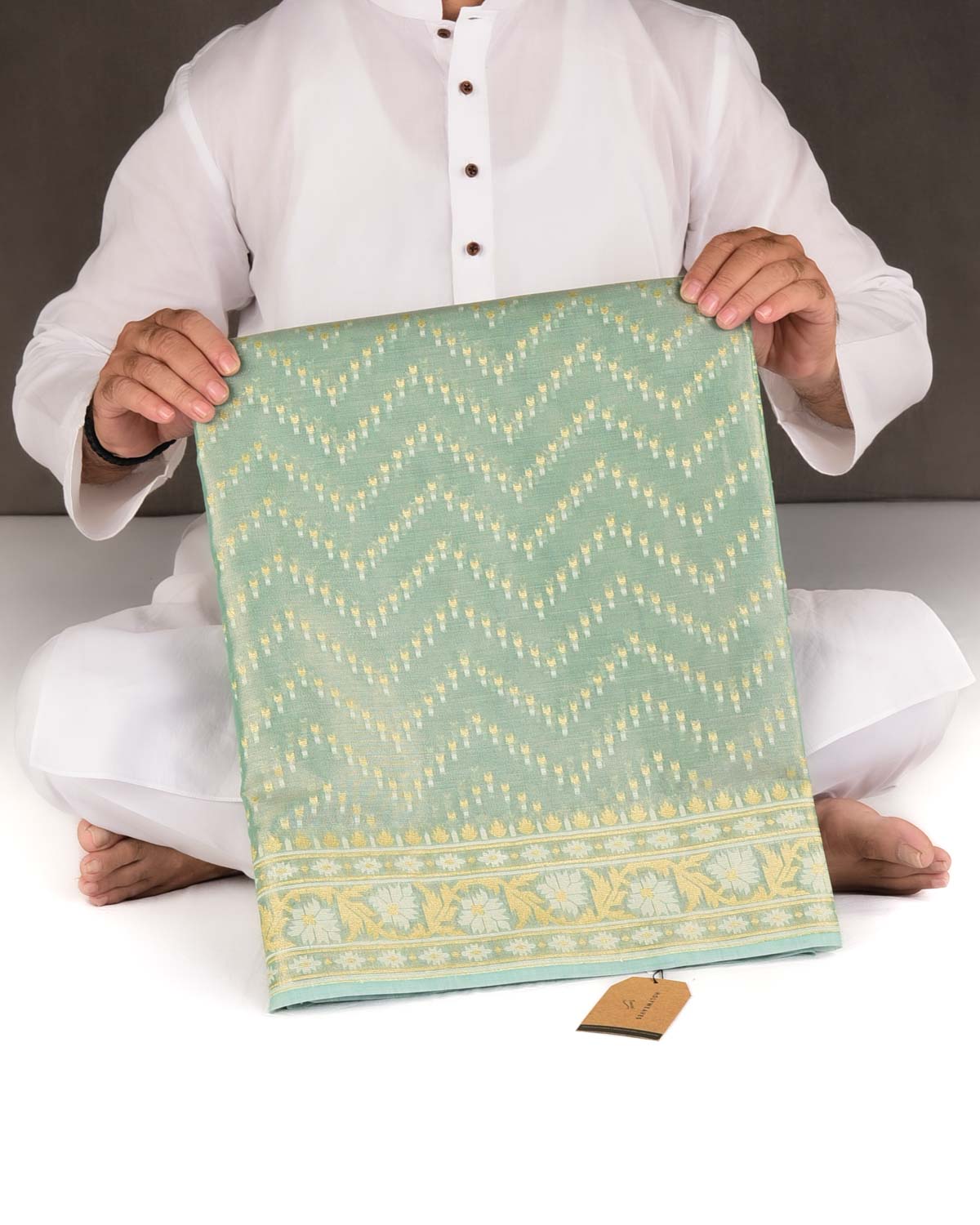 Metallic Green Gold Zari And White Resham Chevron Buti Cutwork Brocade Woven Art Cotton Tissue Banarasi Saree