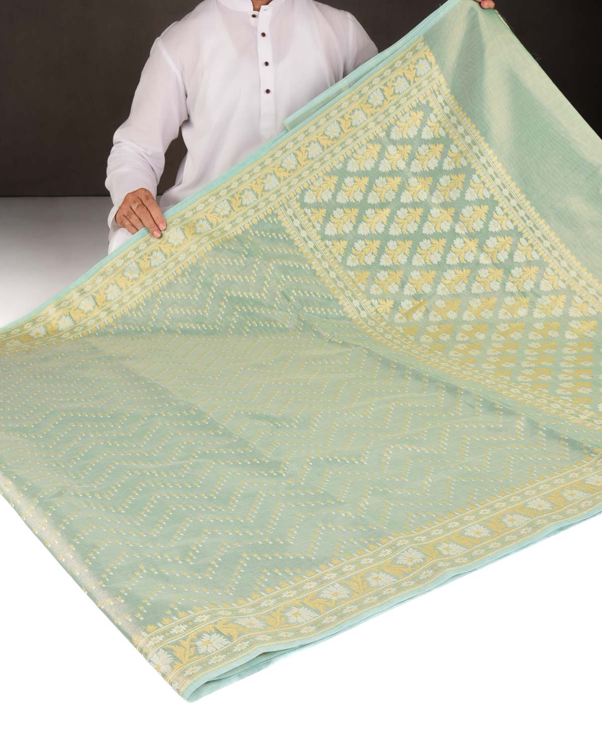 Metallic Green Gold Zari And White Resham Chevron Buti Cutwork Brocade Woven Art Cotton Tissue Banarasi Saree