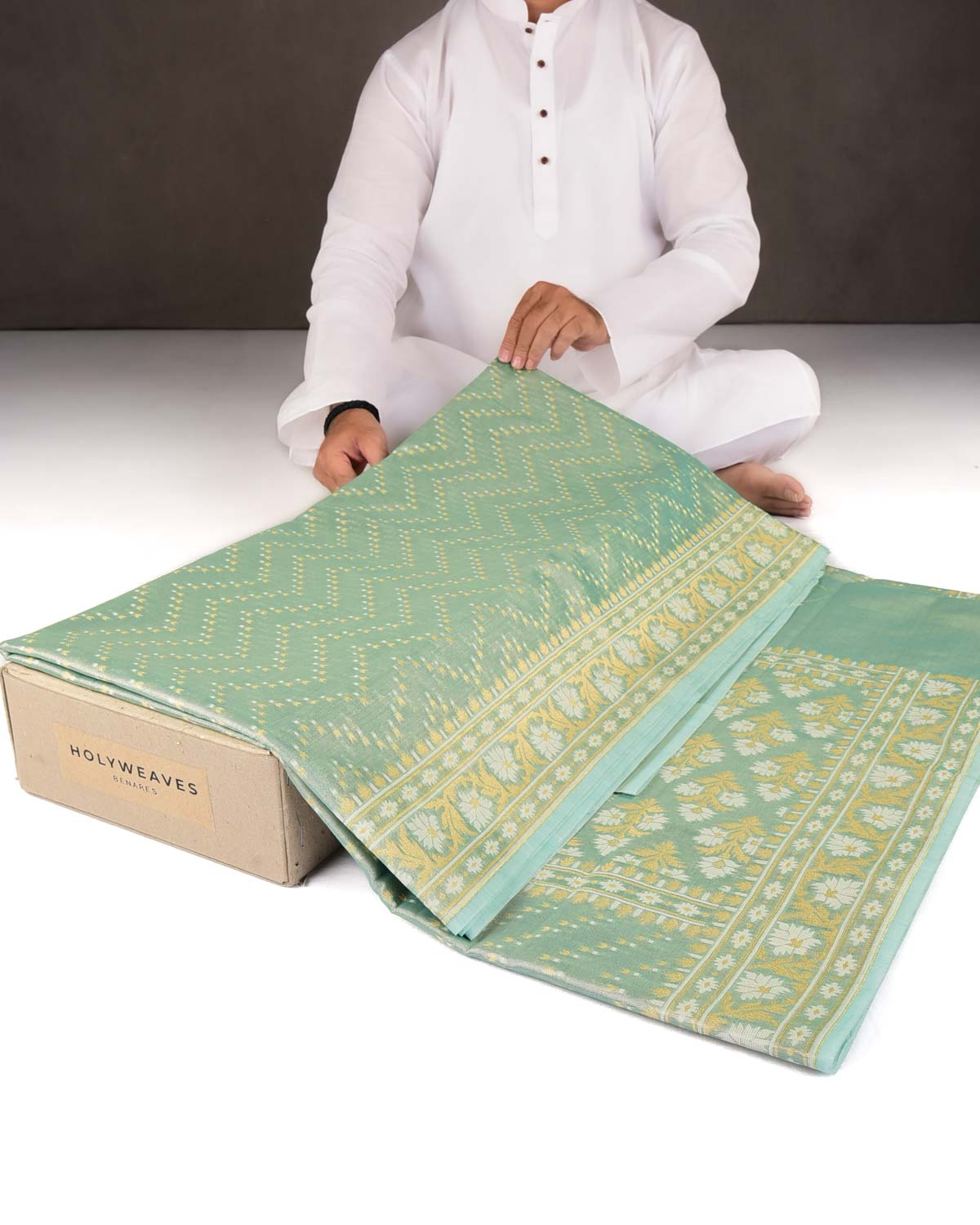 Metallic Green Gold Zari And White Resham Chevron Buti Cutwork Brocade Woven Art Cotton Tissue Banarasi Saree