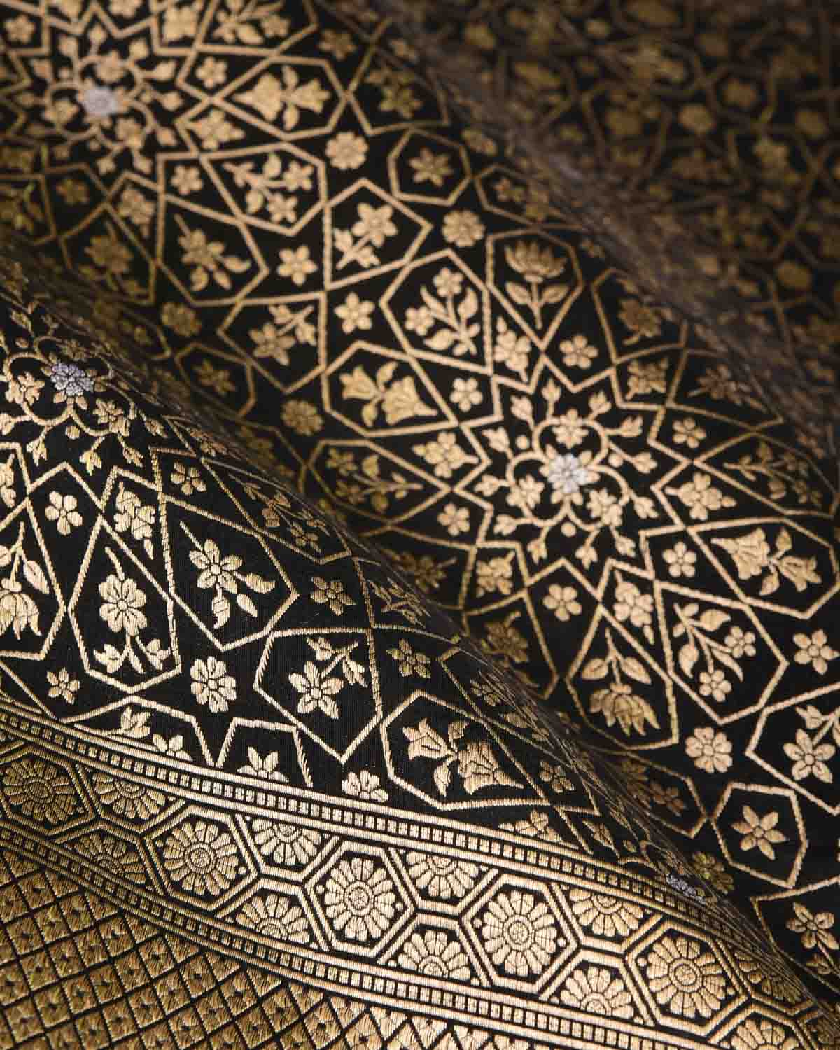 Black Gold Zari Brocade Handwoven Katan Silk Banarasi Saree-HolyWeaves