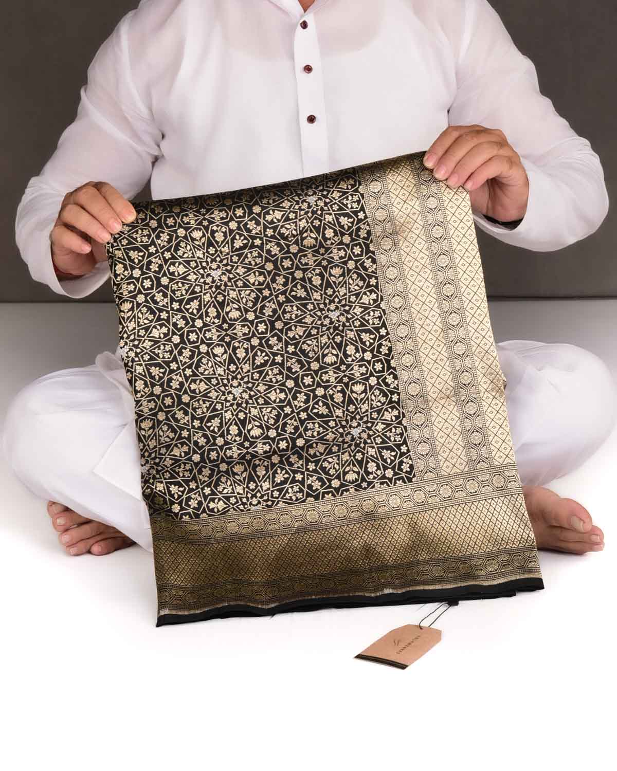 Black Gold Zari Brocade Handwoven Katan Silk Banarasi Saree-HolyWeaves