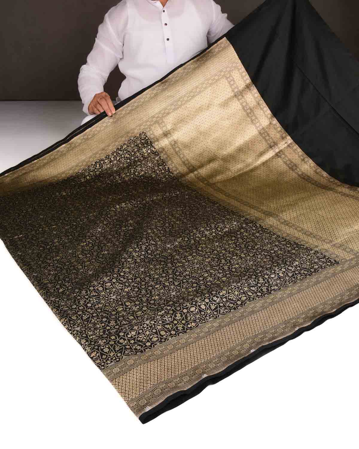 Black Gold Zari Brocade Handwoven Katan Silk Banarasi Saree-HolyWeaves