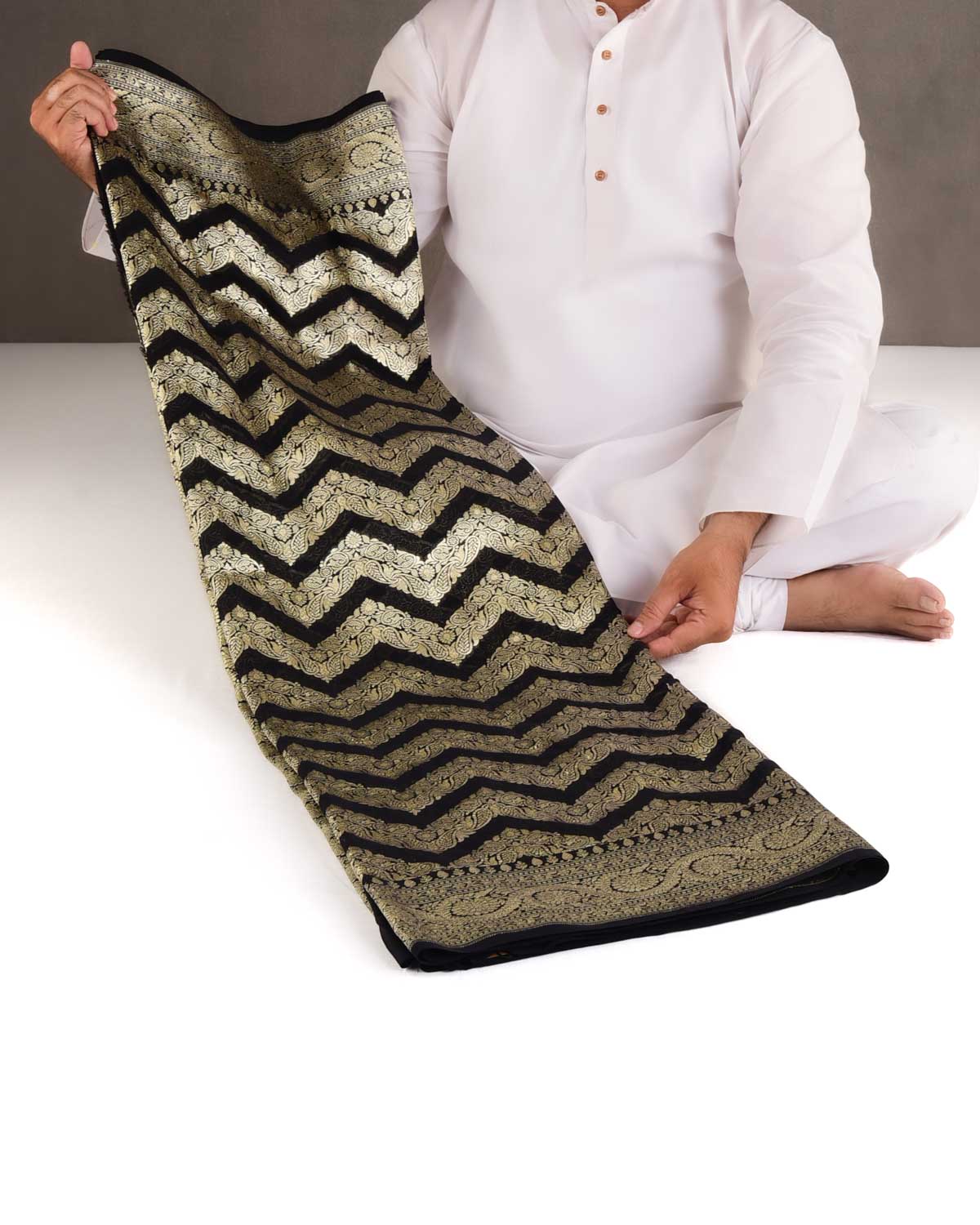 Black Gold Zari Ornament Chevron Cutwork Brocade Handwoven Khaddi Georgette Banarasi Saree-HolyWeaves