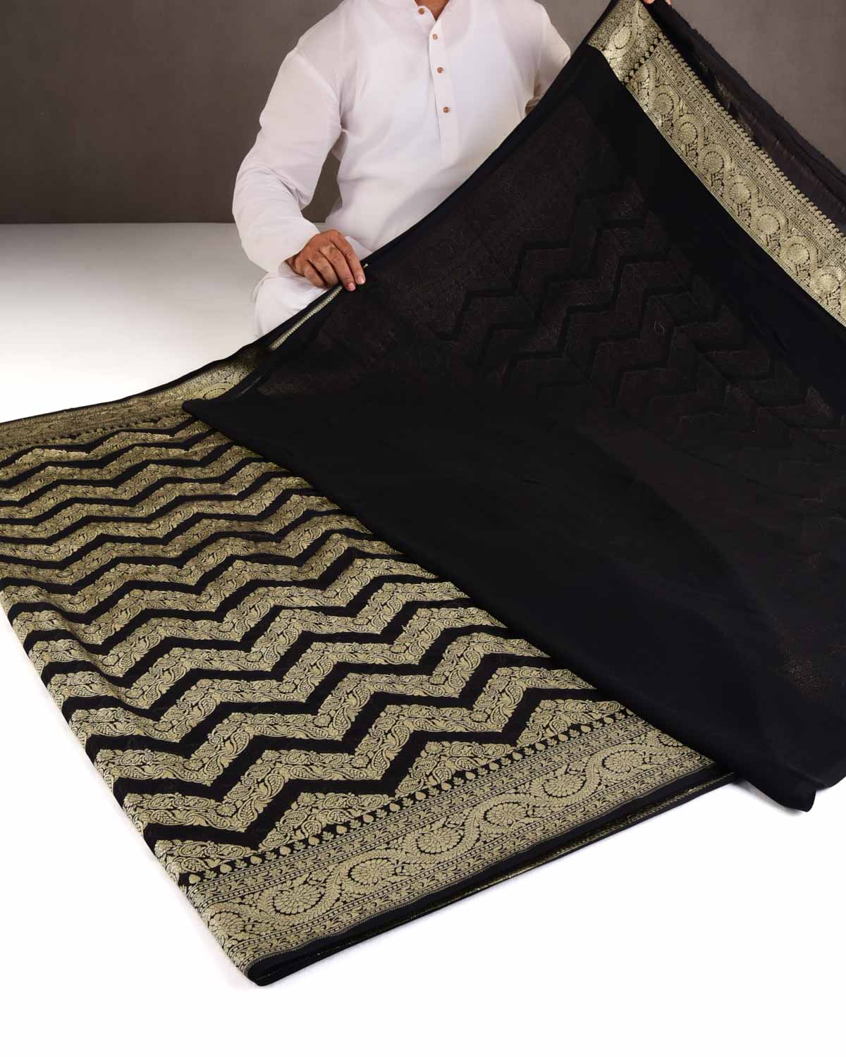 Black Gold Zari Ornament Chevron Cutwork Brocade Handwoven Khaddi Georgette Banarasi Saree-HolyWeaves