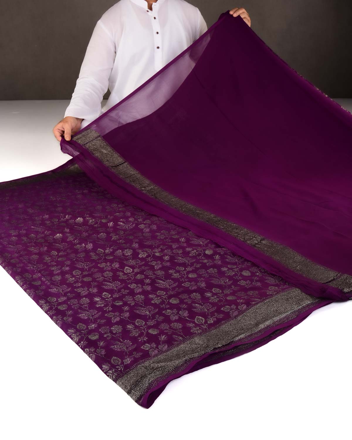 Byzantium Purple Silver Zari Jaal Cutwork Brocade Handwoven Khaddi Georgette Banarasi Saree-HolyWeaves