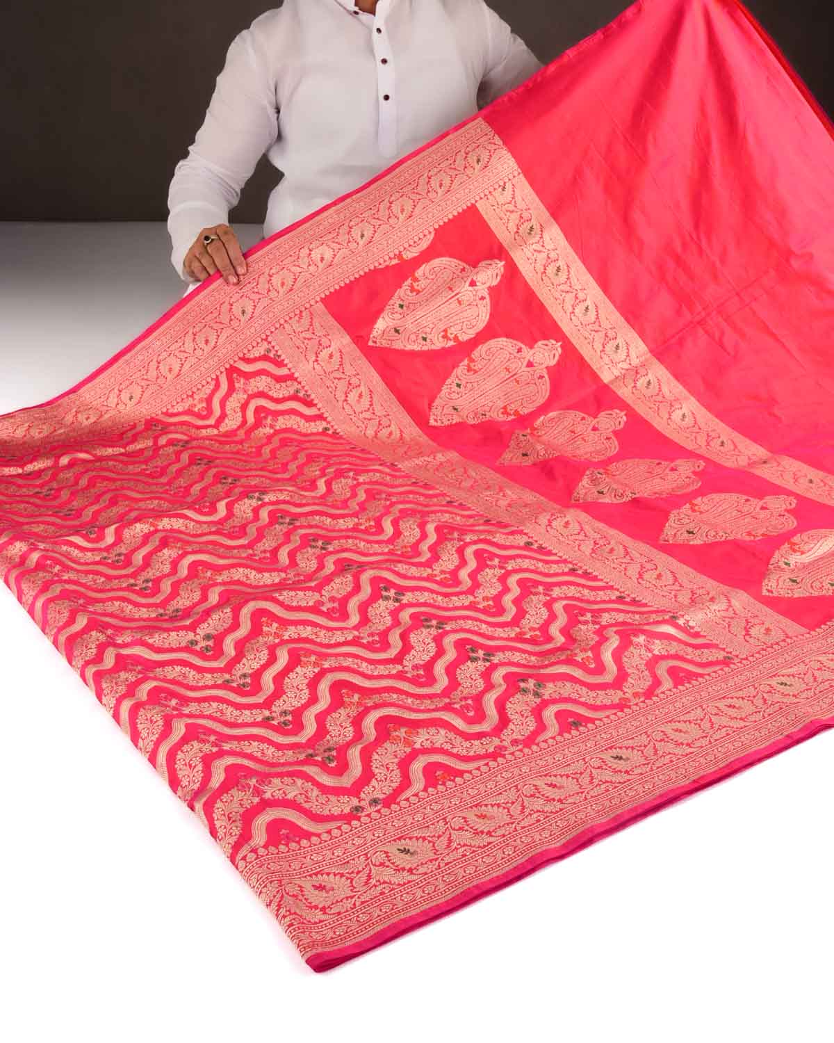 Shot Pink-Orange Banarasi Gold Zari & Meenekari Ornament Waves Cutwork Brocade Handwoven Katan Silk Saree-HolyWeaves