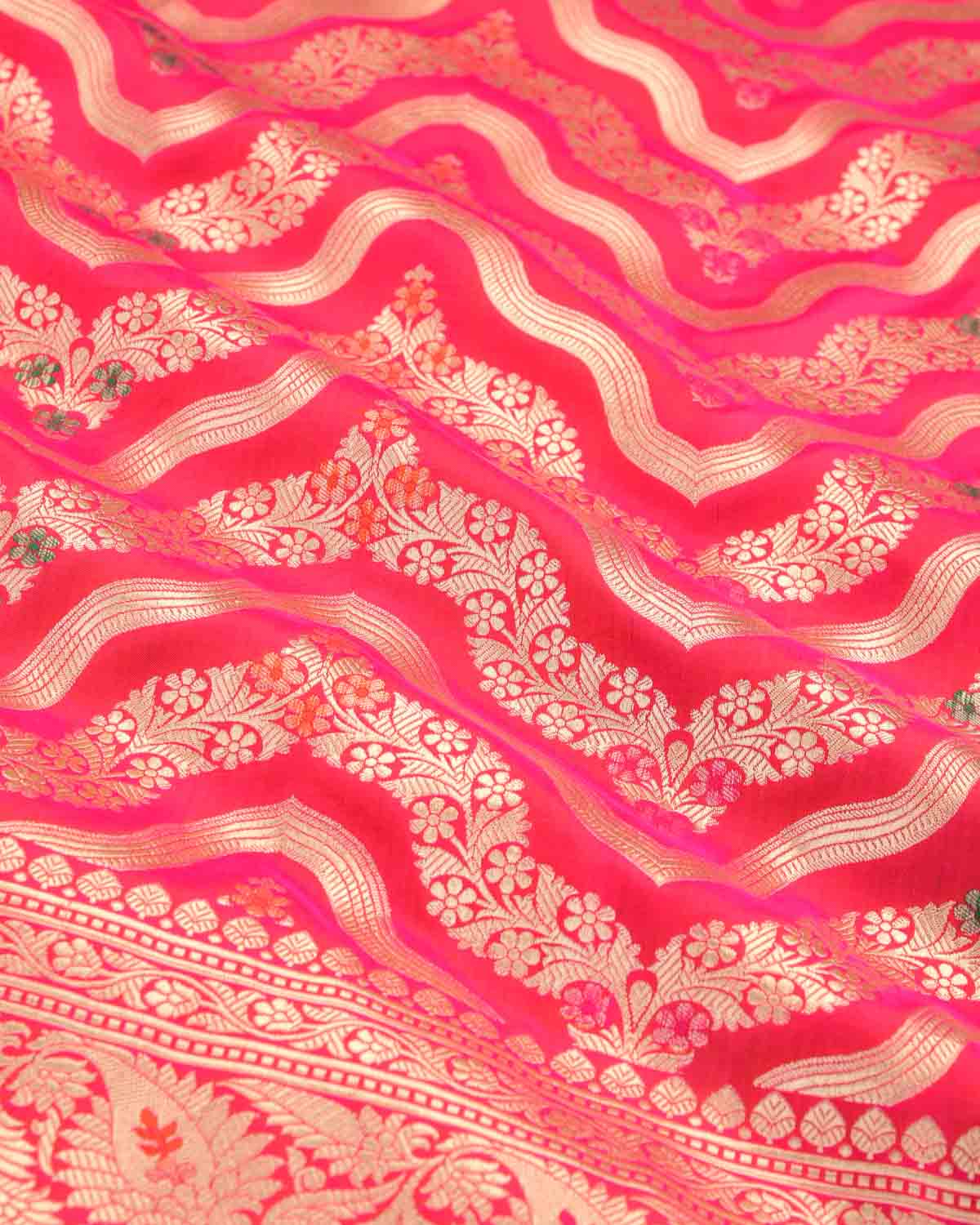 Shot Pink-Orange Banarasi Gold Zari & Meenekari Ornament Waves Cutwork Brocade Handwoven Katan Silk Saree-HolyWeaves