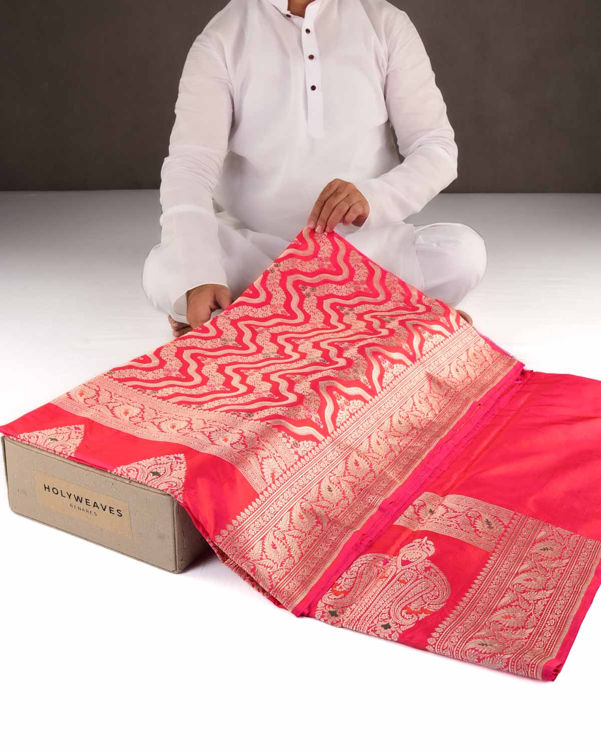 Shot Pink-Orange Banarasi Gold Zari & Meenekari Ornament Waves Cutwork Brocade Handwoven Katan Silk Saree-HolyWeaves