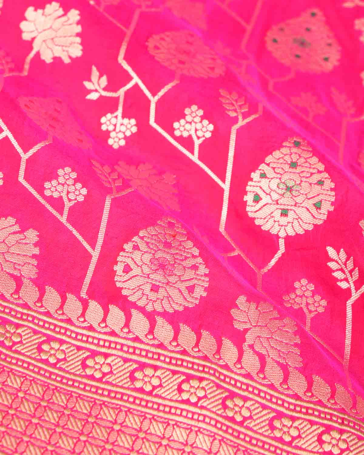 Rani Pink Gold Zari And Meena Mughal Damask Cutwork Brocade Handwoven Katan Silk Banarasi Saree-HolyWeaves