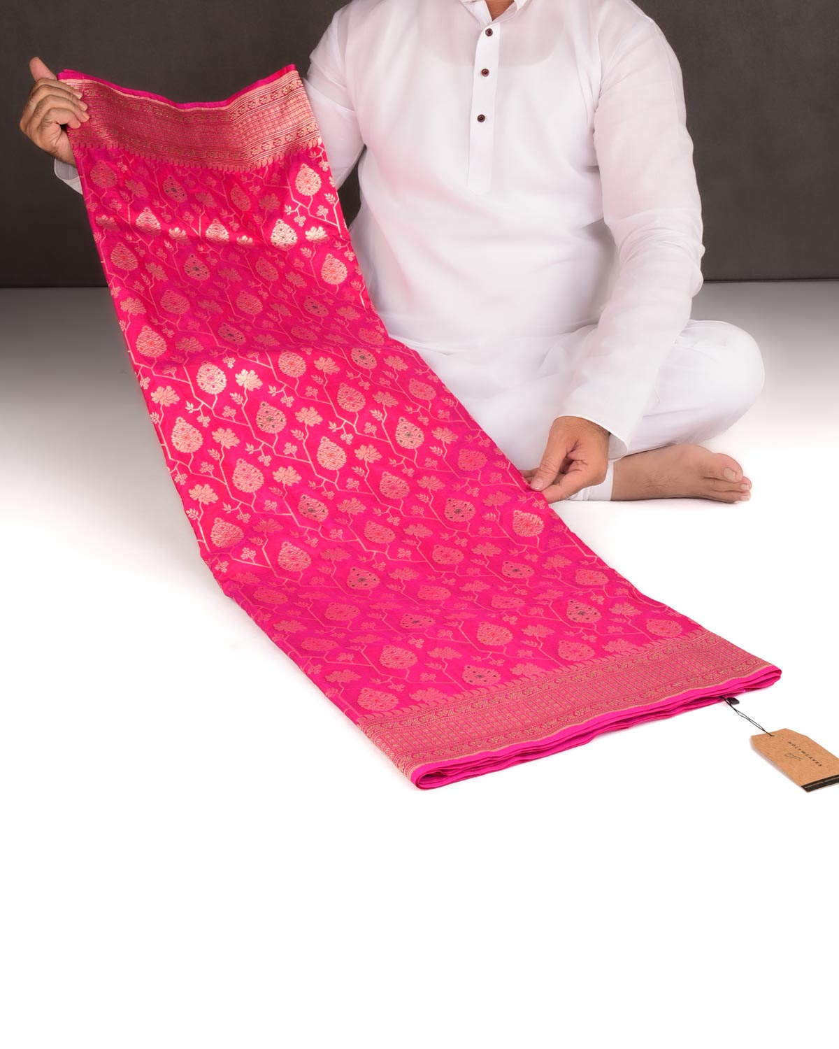 Rani Pink Gold Zari And Meena Mughal Damask Cutwork Brocade Handwoven Katan Silk Banarasi Saree-HolyWeaves