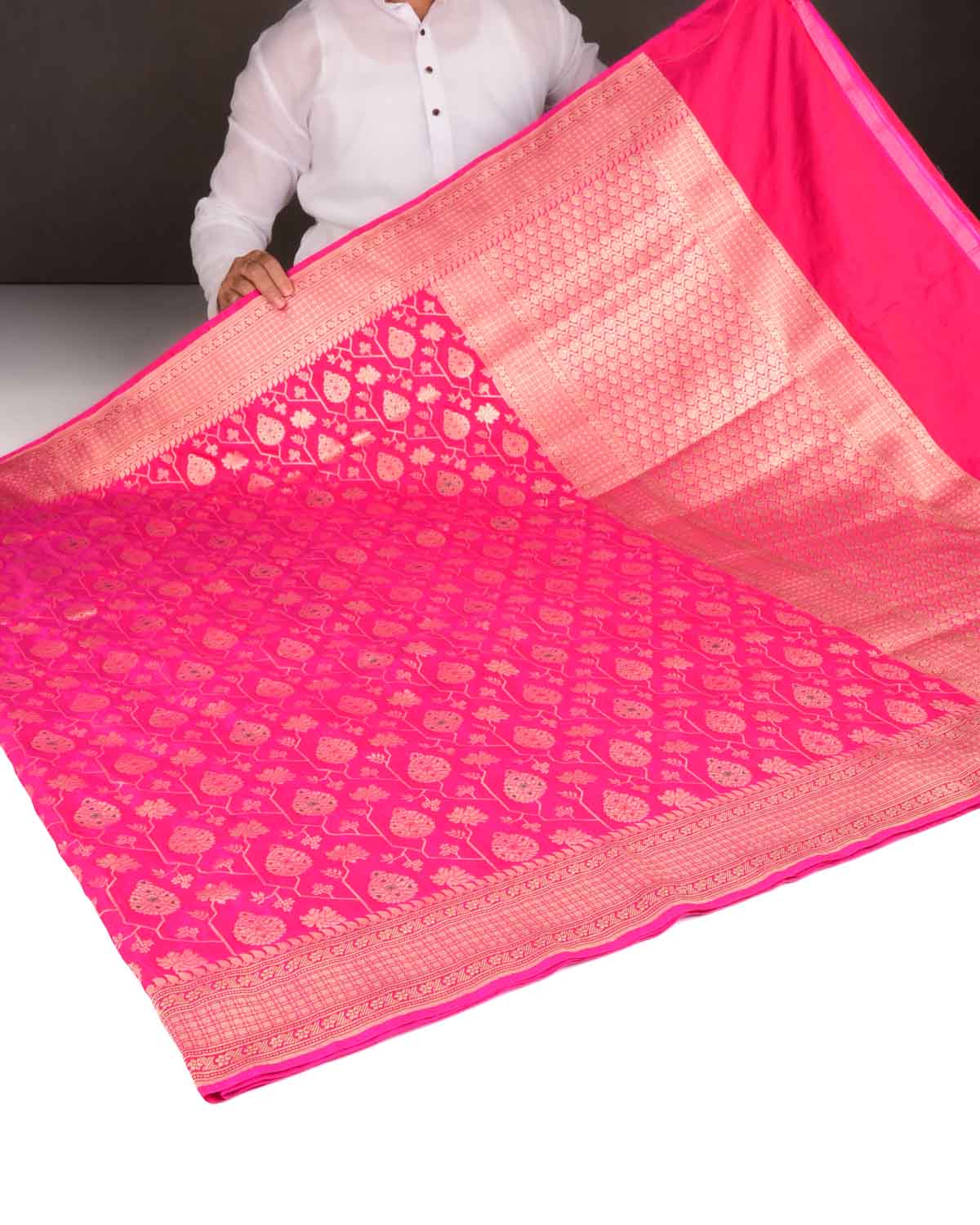 Rani Pink Gold Zari And Meena Mughal Damask Cutwork Brocade Handwoven Katan Silk Banarasi Saree-HolyWeaves