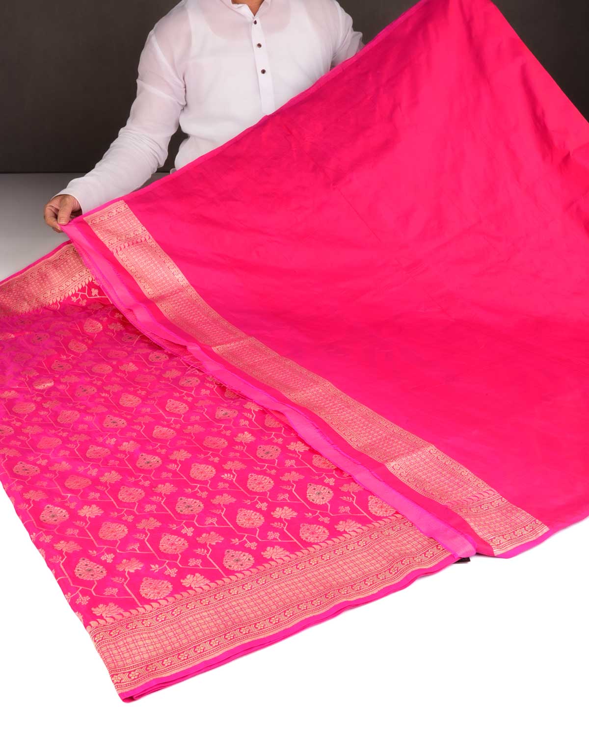 Rani Pink Gold Zari And Meena Mughal Damask Cutwork Brocade Handwoven Katan Silk Banarasi Saree-HolyWeaves