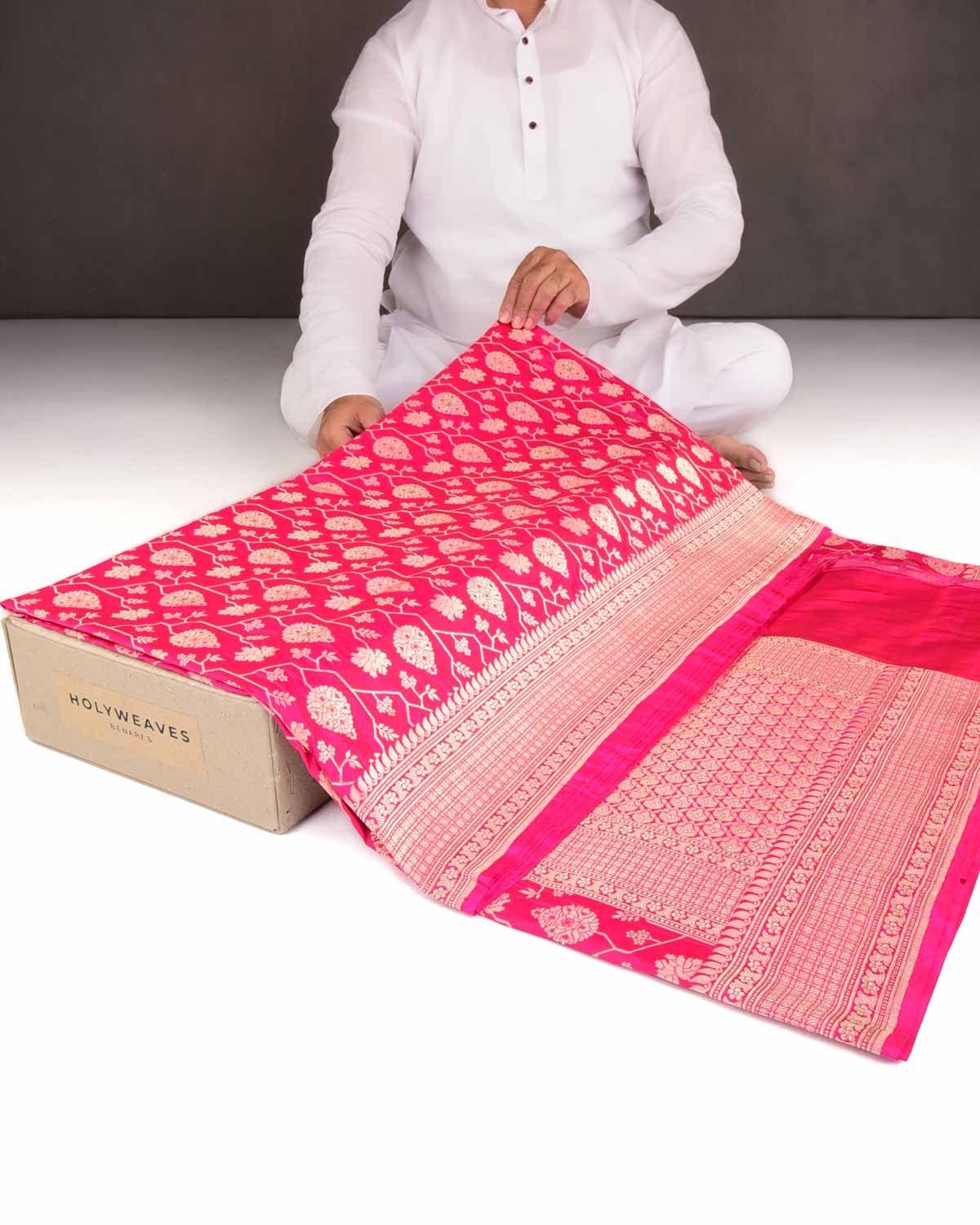 Rani Pink Gold Zari And Meena Mughal Damask Cutwork Brocade Handwoven Katan Silk Banarasi Saree-HolyWeaves