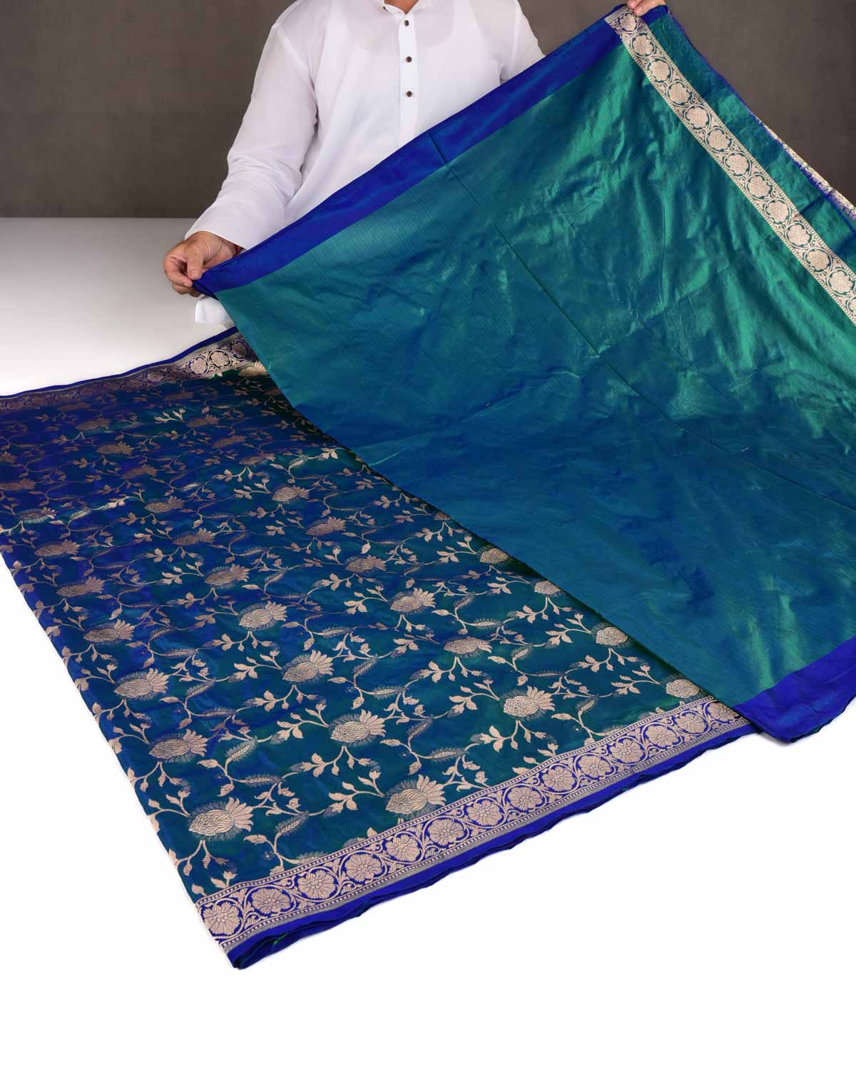 Shot Blue-Green Gold Zari Jaal Cutwork Brocade Handwoven Katan Silk Banarasi Half-&-Half Saree-HolyWeaves