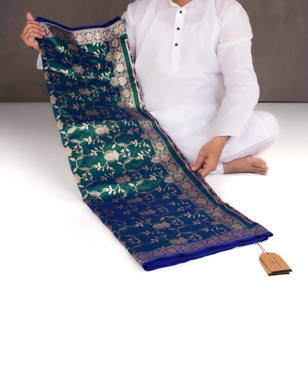 Shot Blue-Green Gold Zari Jaal Cutwork Brocade Handwoven Katan Silk Banarasi Half-&-Half Saree-HolyWeaves