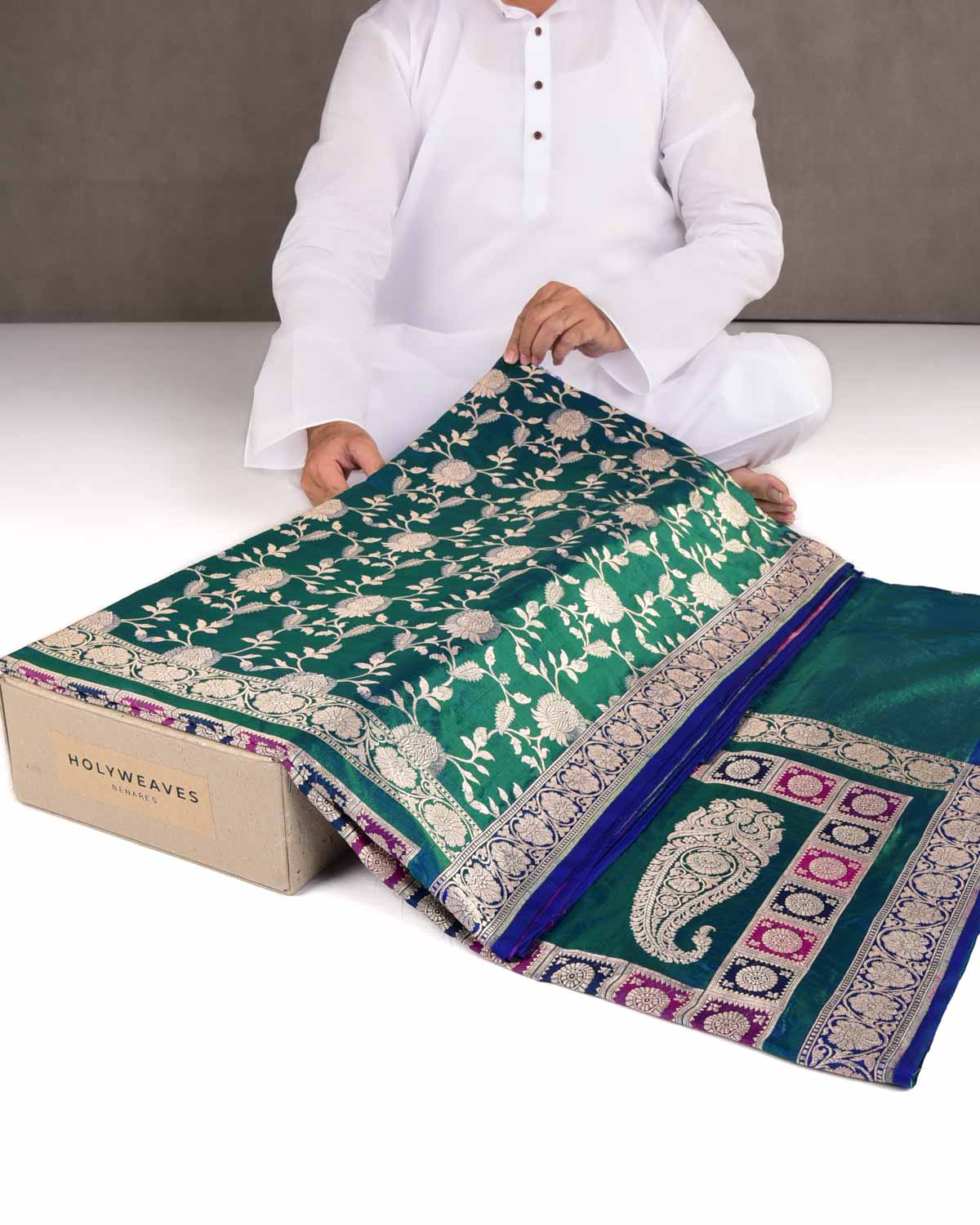 Shot Blue-Green Gold Zari Jaal Cutwork Brocade Handwoven Katan Silk Banarasi Half-&-Half Saree