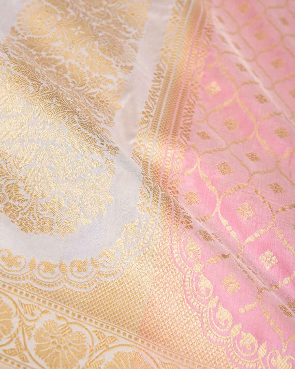 Cream Multi-color Gold Zari Mehrab Cutwork Brocade Handwoven Katan Silk Banarasi Saree-HolyWeaves