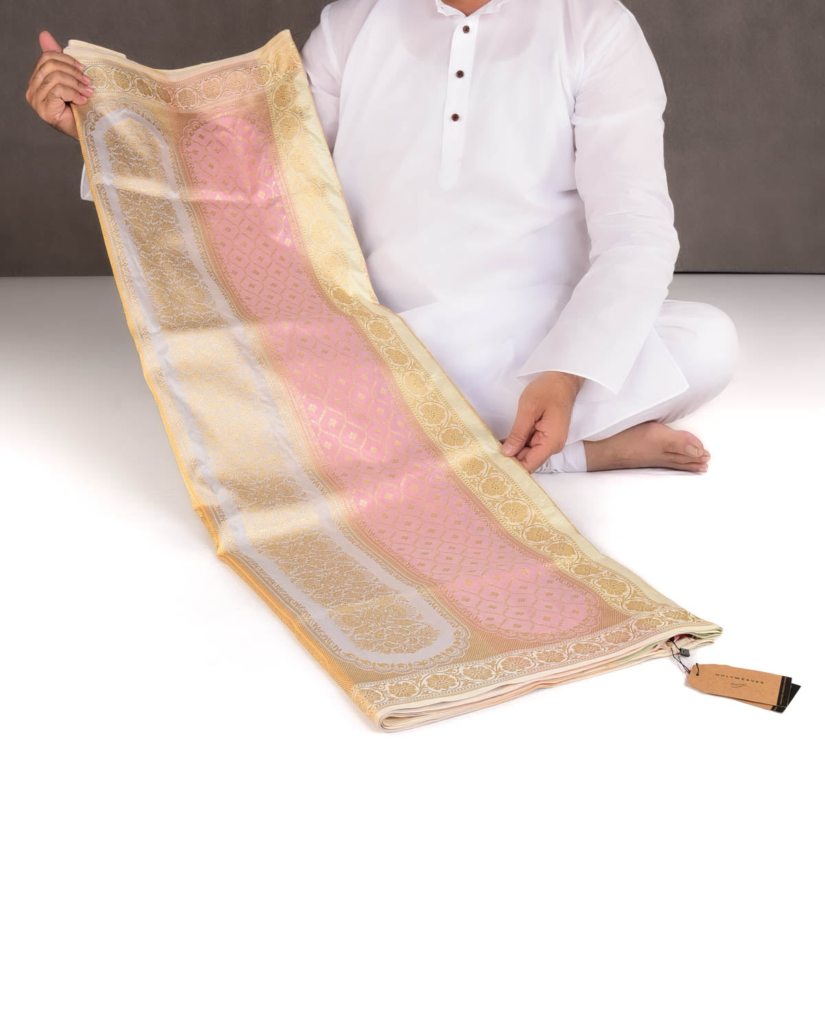 Cream Multi-color Gold Zari Mehrab Cutwork Brocade Handwoven Katan Silk Banarasi Saree-HolyWeaves