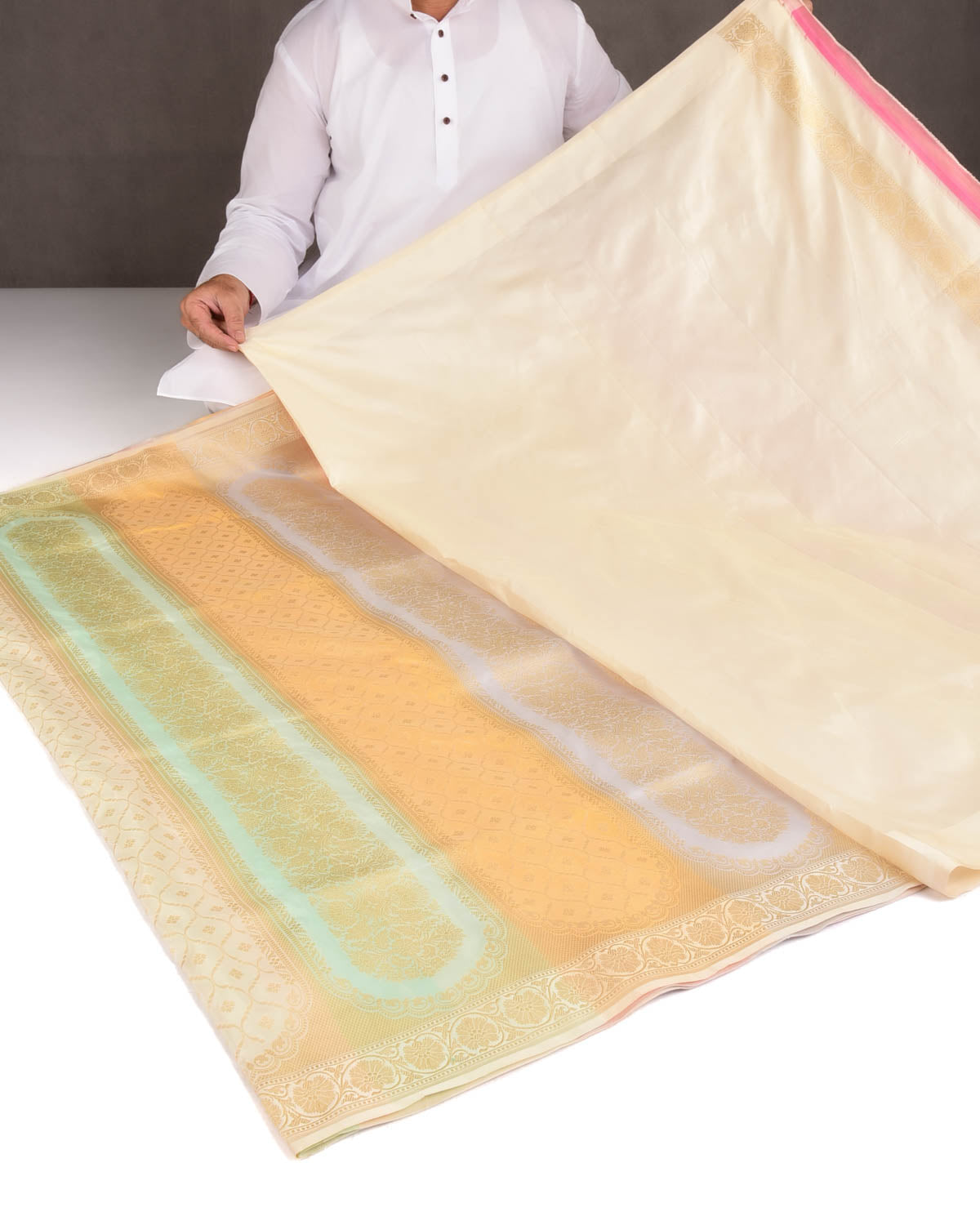 Cream Multi-color Gold Zari Mehrab Cutwork Brocade Handwoven Katan Silk Banarasi Saree-HolyWeaves