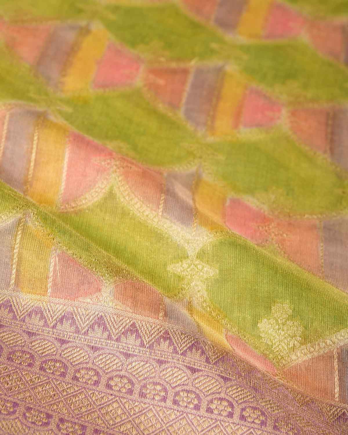 Green Multi-color Hand Brush Dye Gold Zari Cutwork Brocade Woven Cotton Tissue Banarasi Saree-HolyWeaves