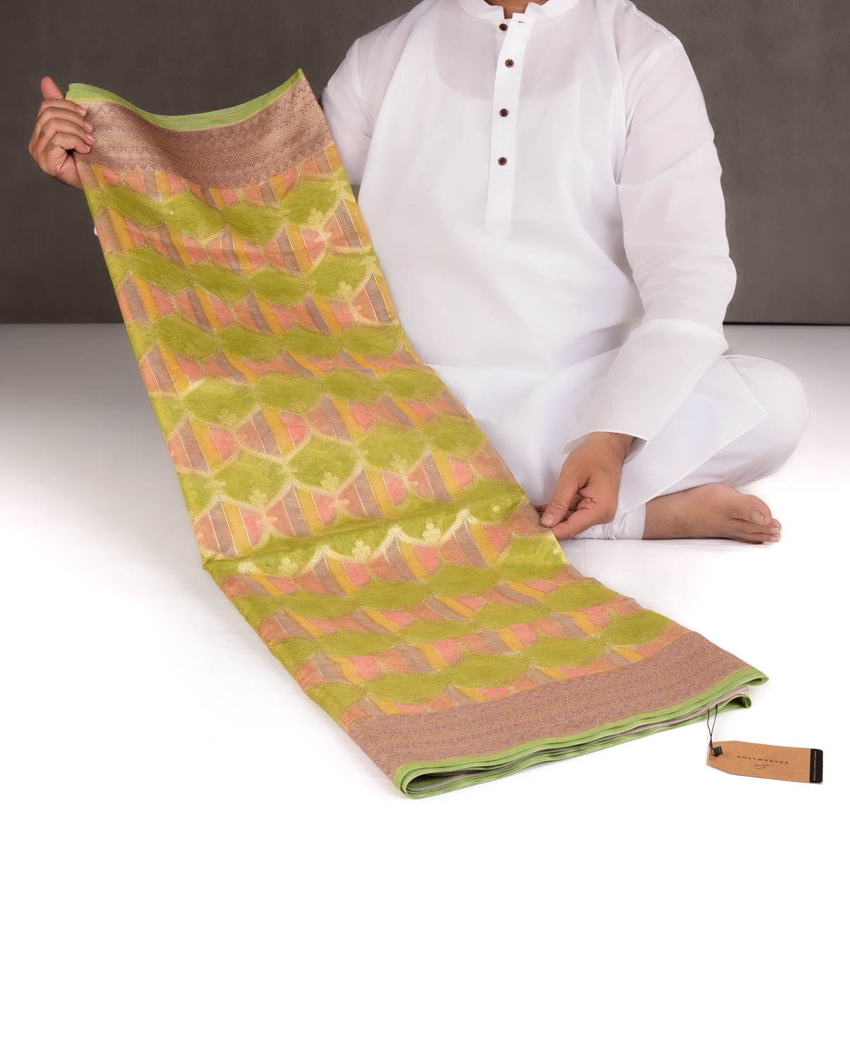 Green Multi-color Hand Brush Dye Gold Zari Cutwork Brocade Woven Cotton Tissue Banarasi Saree-HolyWeaves