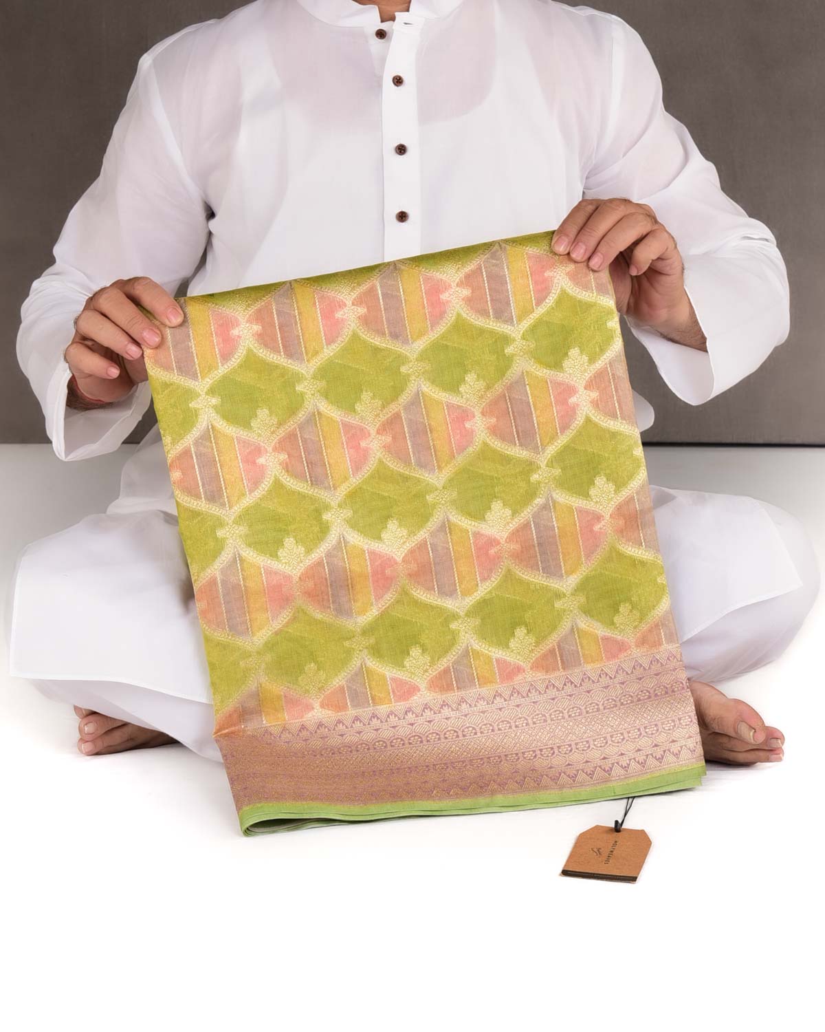 Green Multi-color Hand Brush Dye Gold Zari Cutwork Brocade Woven Cotton Tissue Banarasi Saree-HolyWeaves