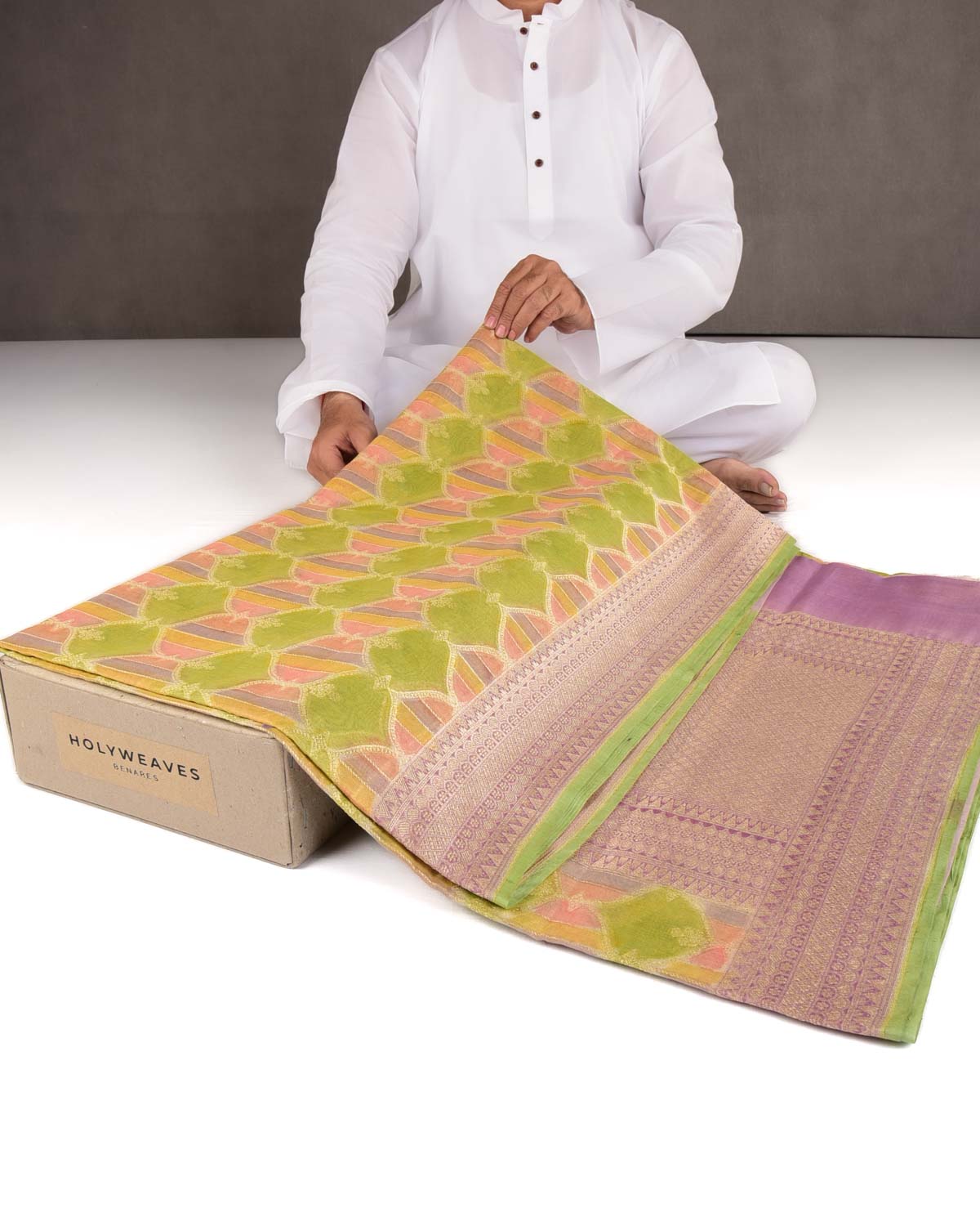 Green Multi-color Hand Brush Dye Gold Zari Cutwork Brocade Woven Cotton Tissue Banarasi Saree-HolyWeaves