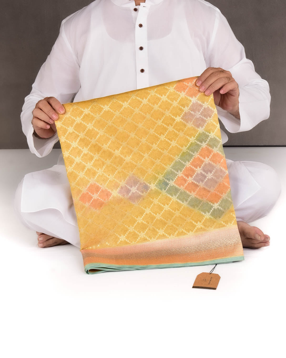 Yellow Multi-color Hand Brush Dye Gold Zari Cutwork Brocade Woven Cotton Tissue Banarasi Saree