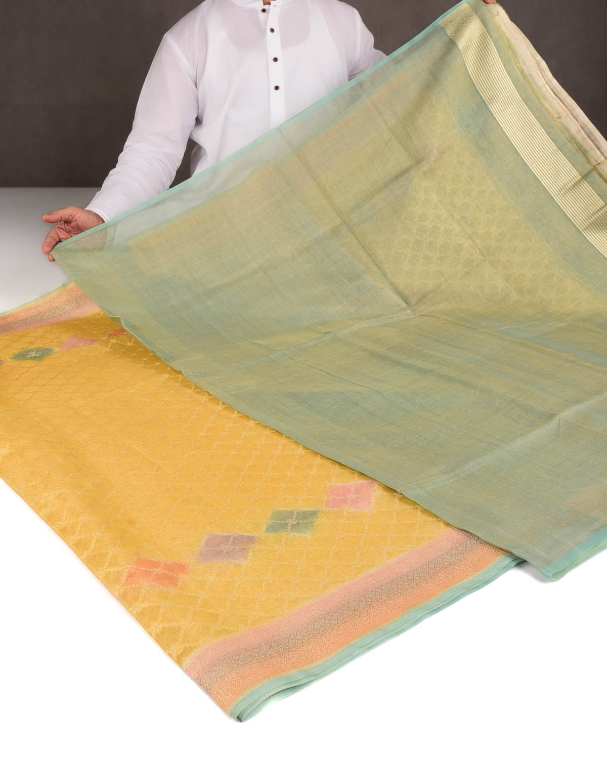 Yellow Multi-color Hand Brush Dye Gold Zari Cutwork Brocade Woven Cotton Tissue Banarasi Saree-HolyWeaves